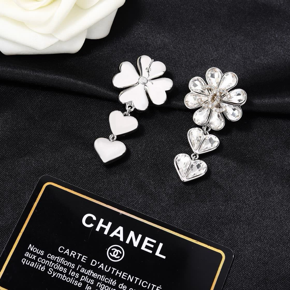 Chanel Elegant Silver Flower and Heart Drop Earrings