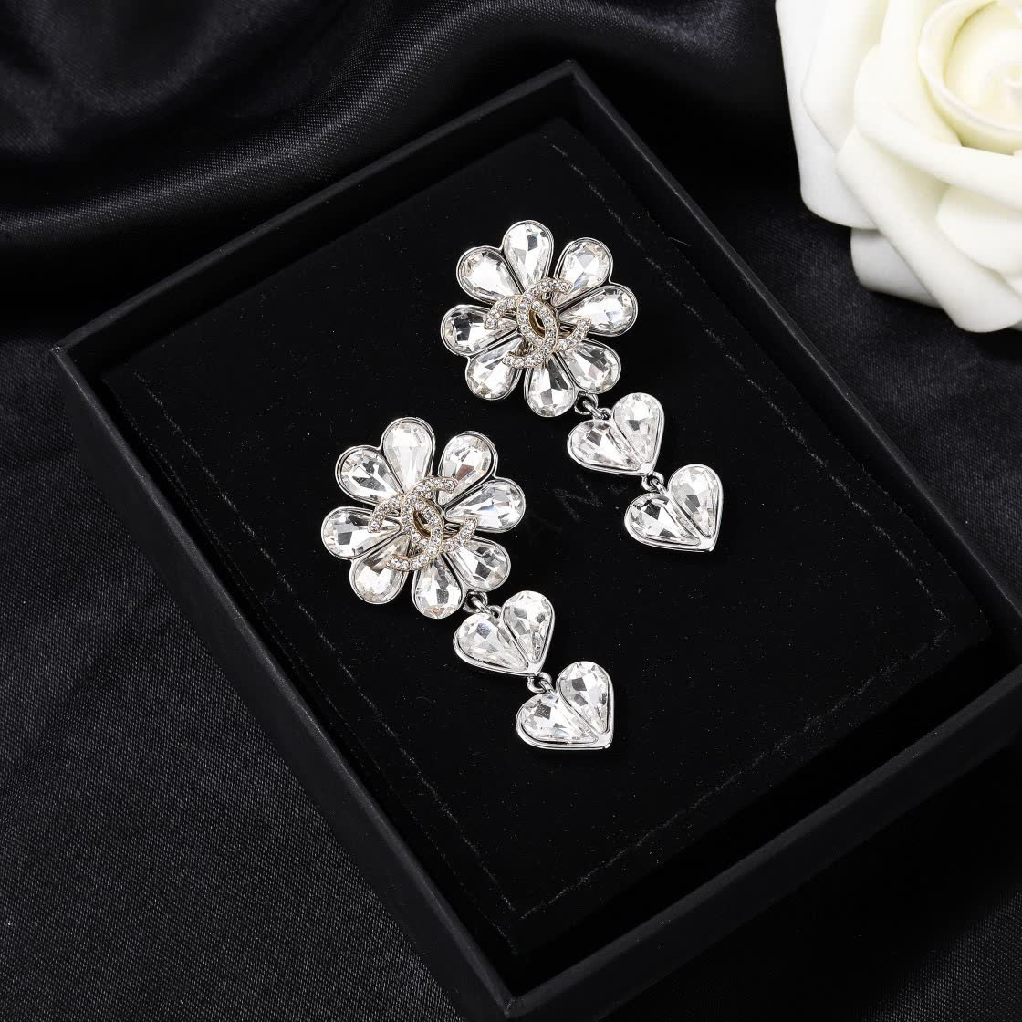 Chanel Elegant Silver Flower and Heart Drop Earrings