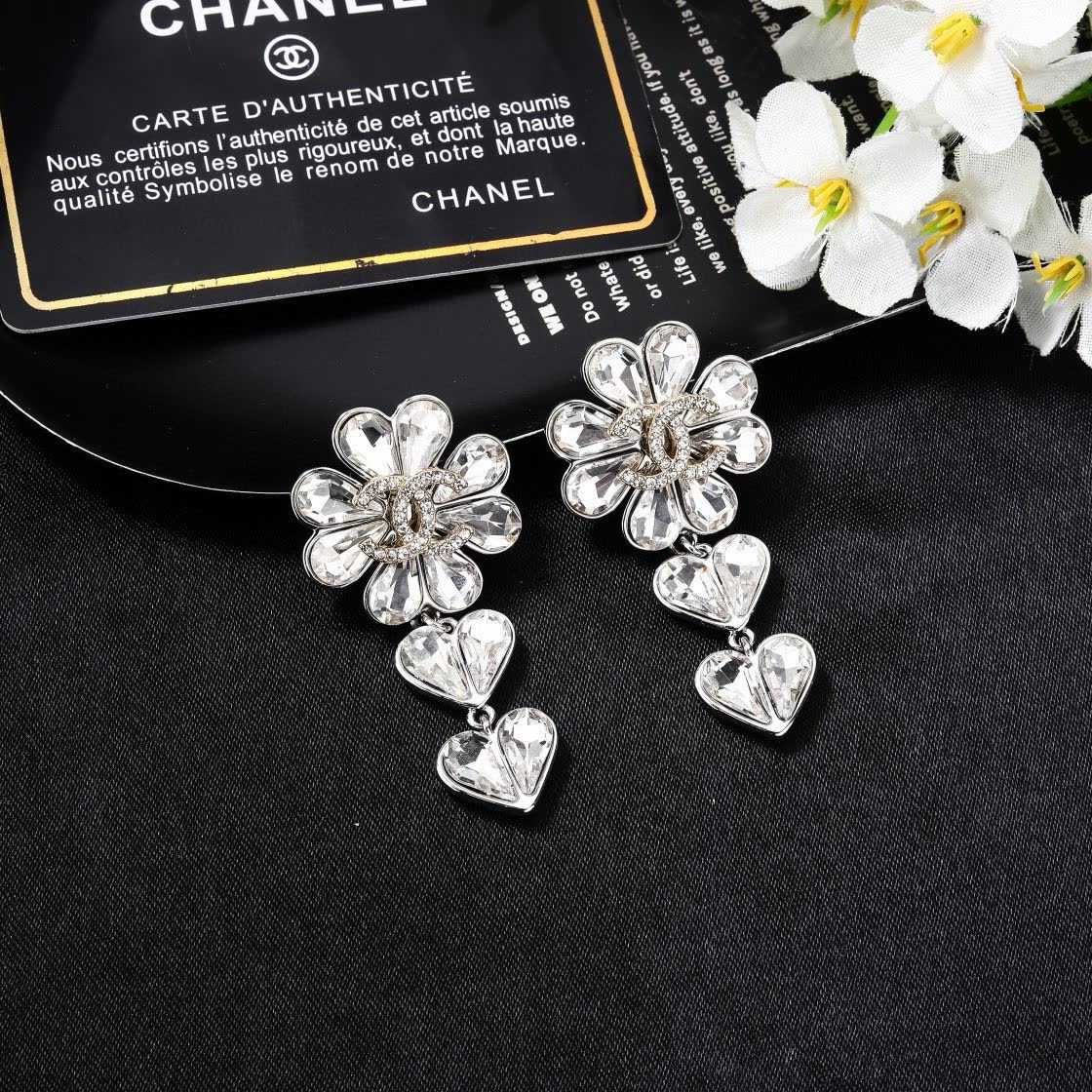 Chanel Elegant Silver Flower and Heart Drop Earrings