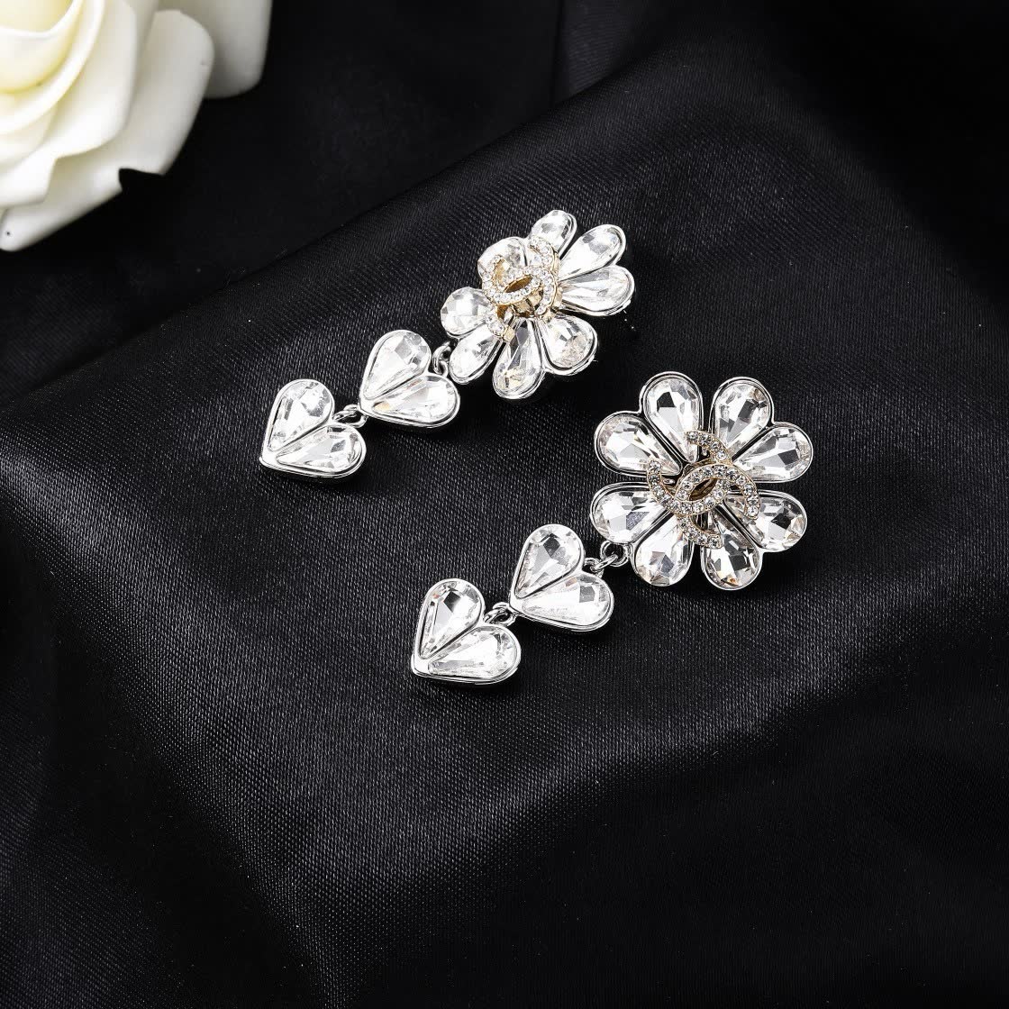 Chanel Elegant Silver Flower and Heart Drop Earrings