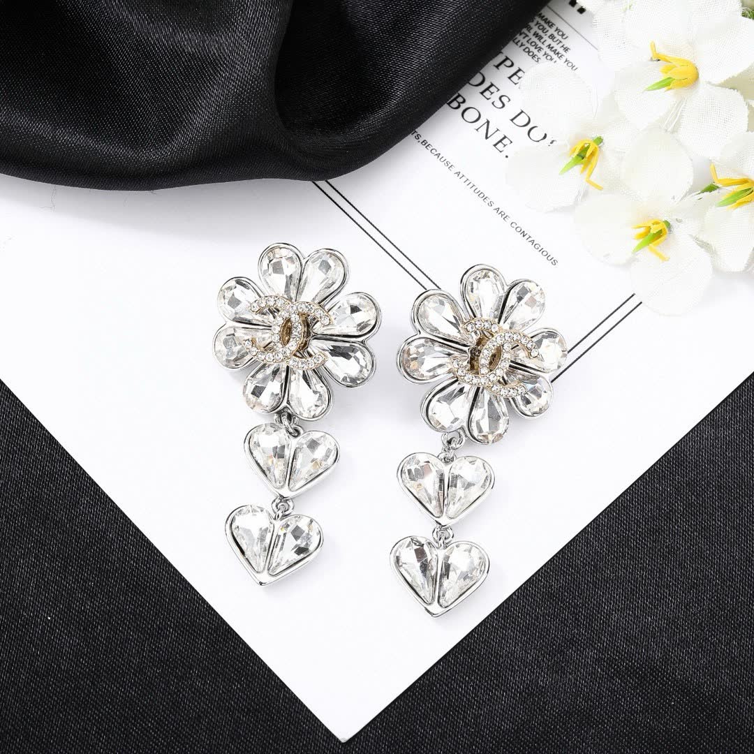 Chanel Elegant Silver Flower and Heart Drop Earrings