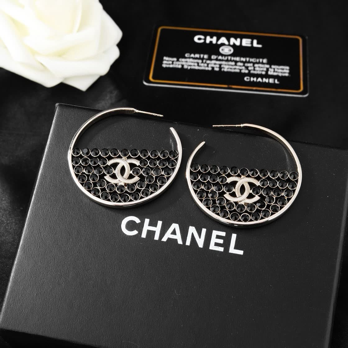 Chanel CC Crystal Hoop Earrings