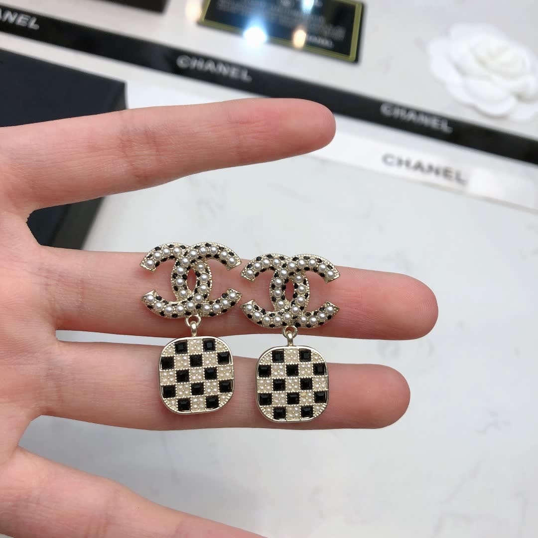 Chanel CC Logo Earrings with Checkered Pattern