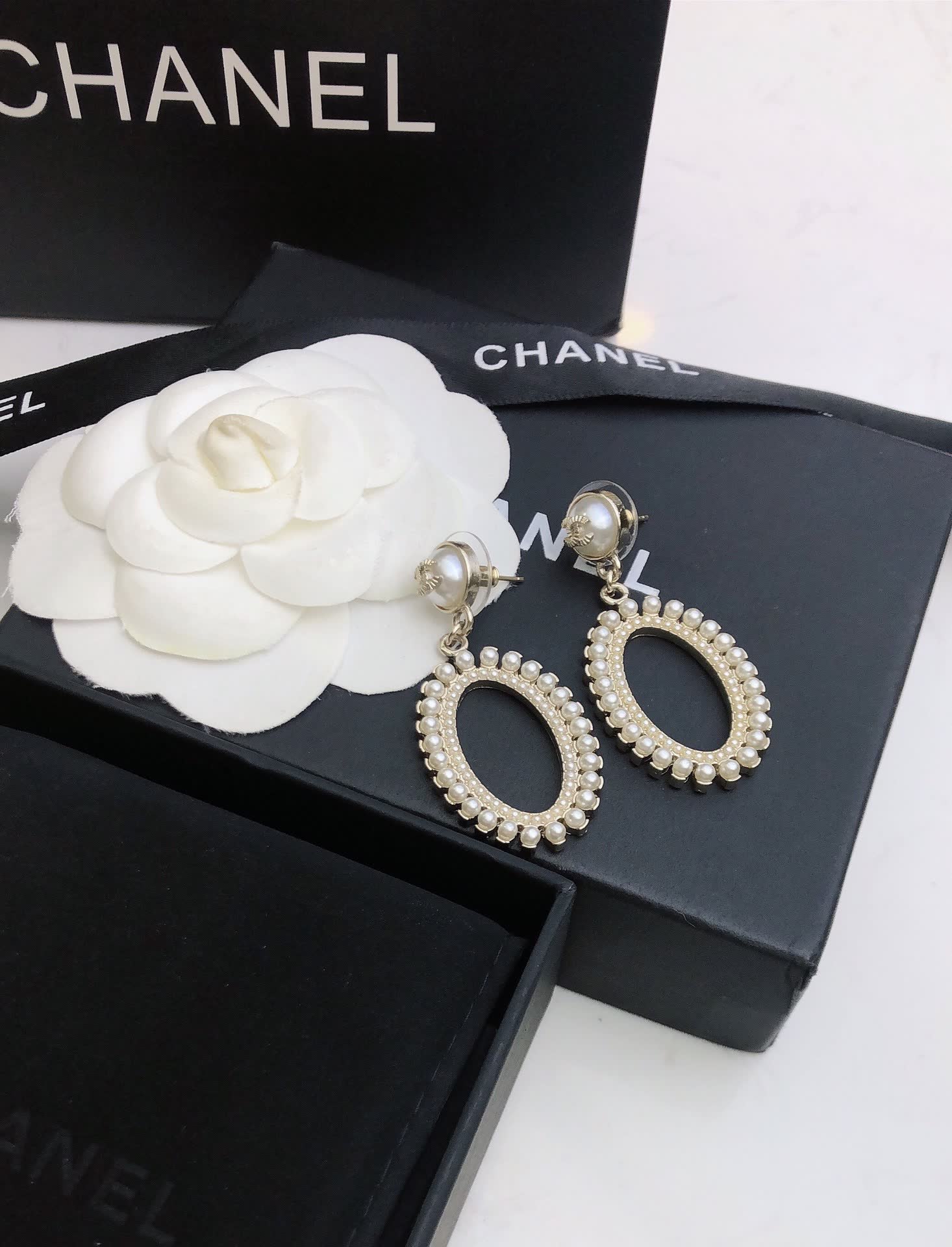 Chanel Pearl and Crystal Hoop Earrings