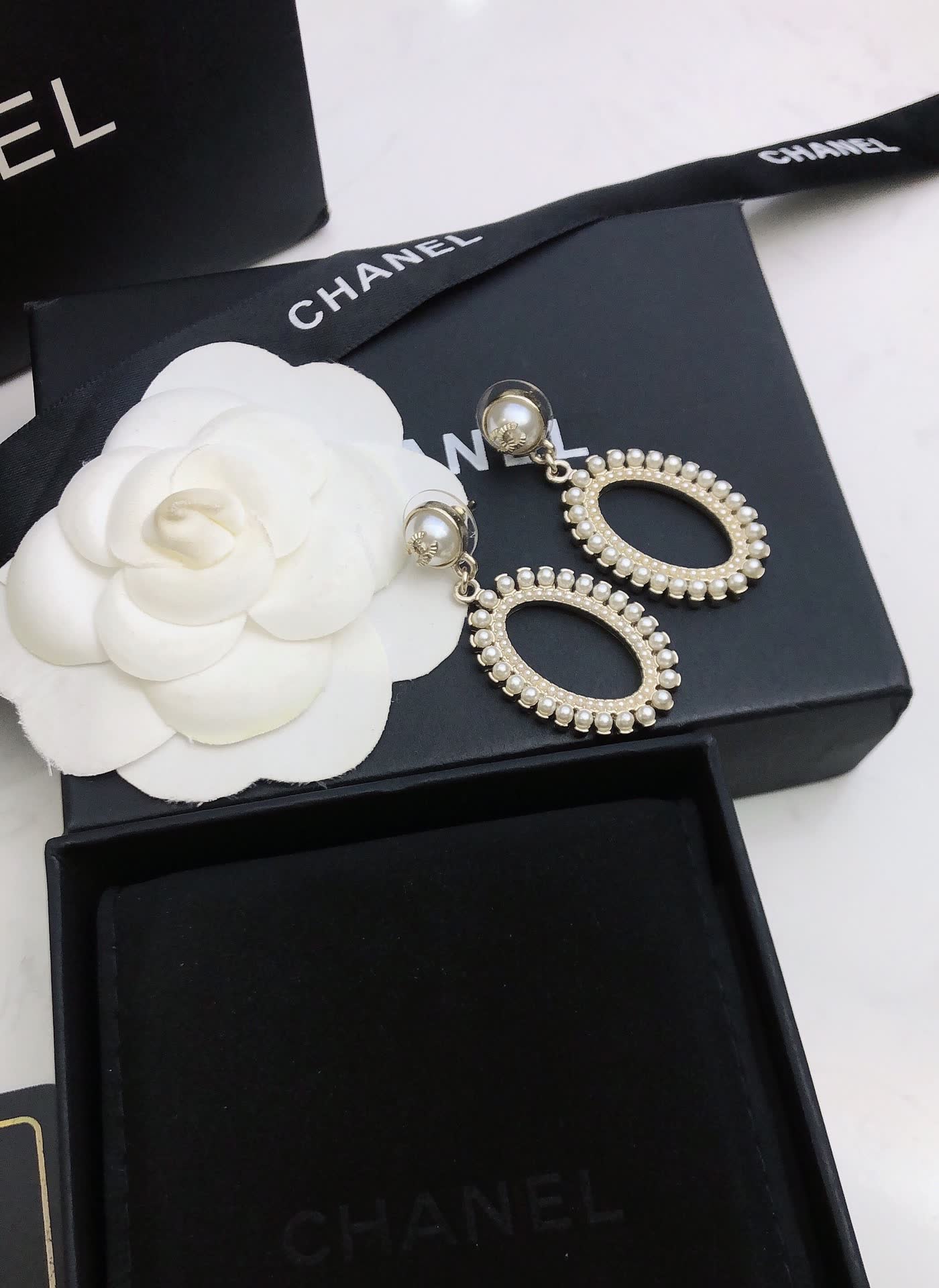Chanel Pearl and Crystal Hoop Earrings
