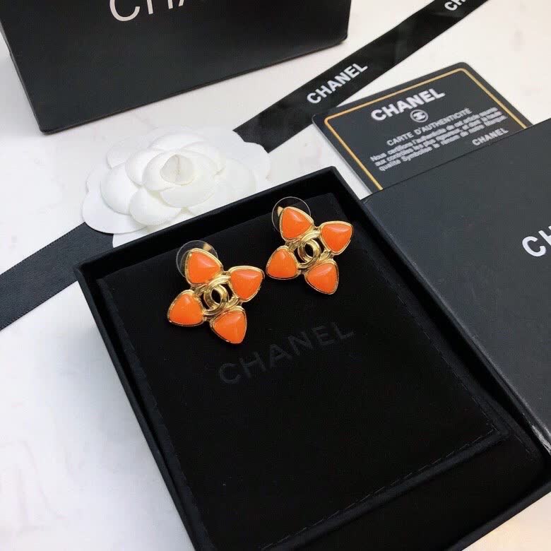 Chanel Orange Camellia Earrings