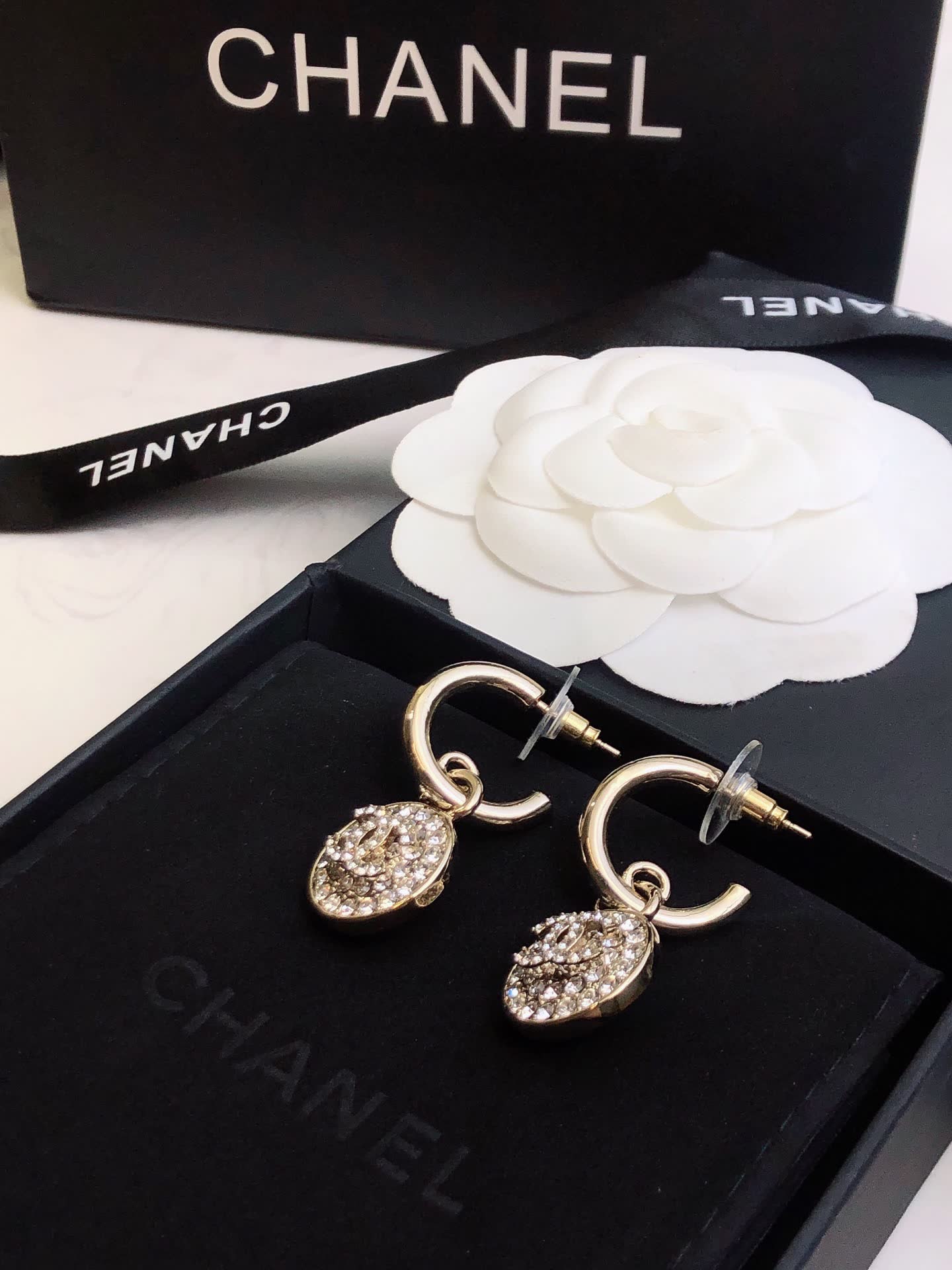 Chanel Gold Tone Crystal Lock Earrings Chanel Gold Tone Crystal Lock Earrings