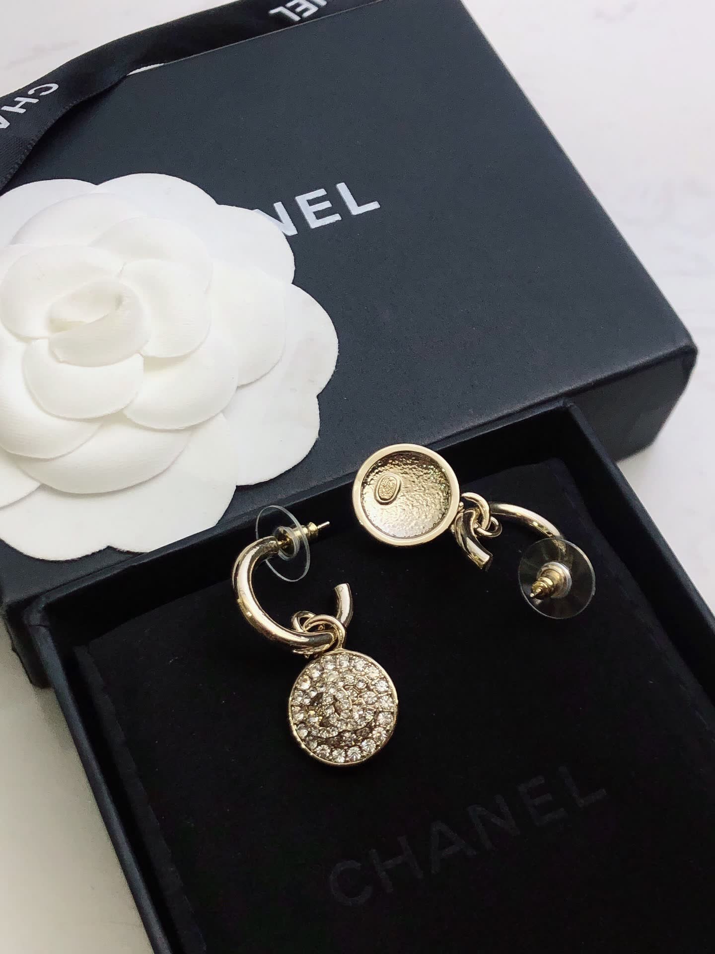 Chanel Gold Tone Crystal Lock Earrings