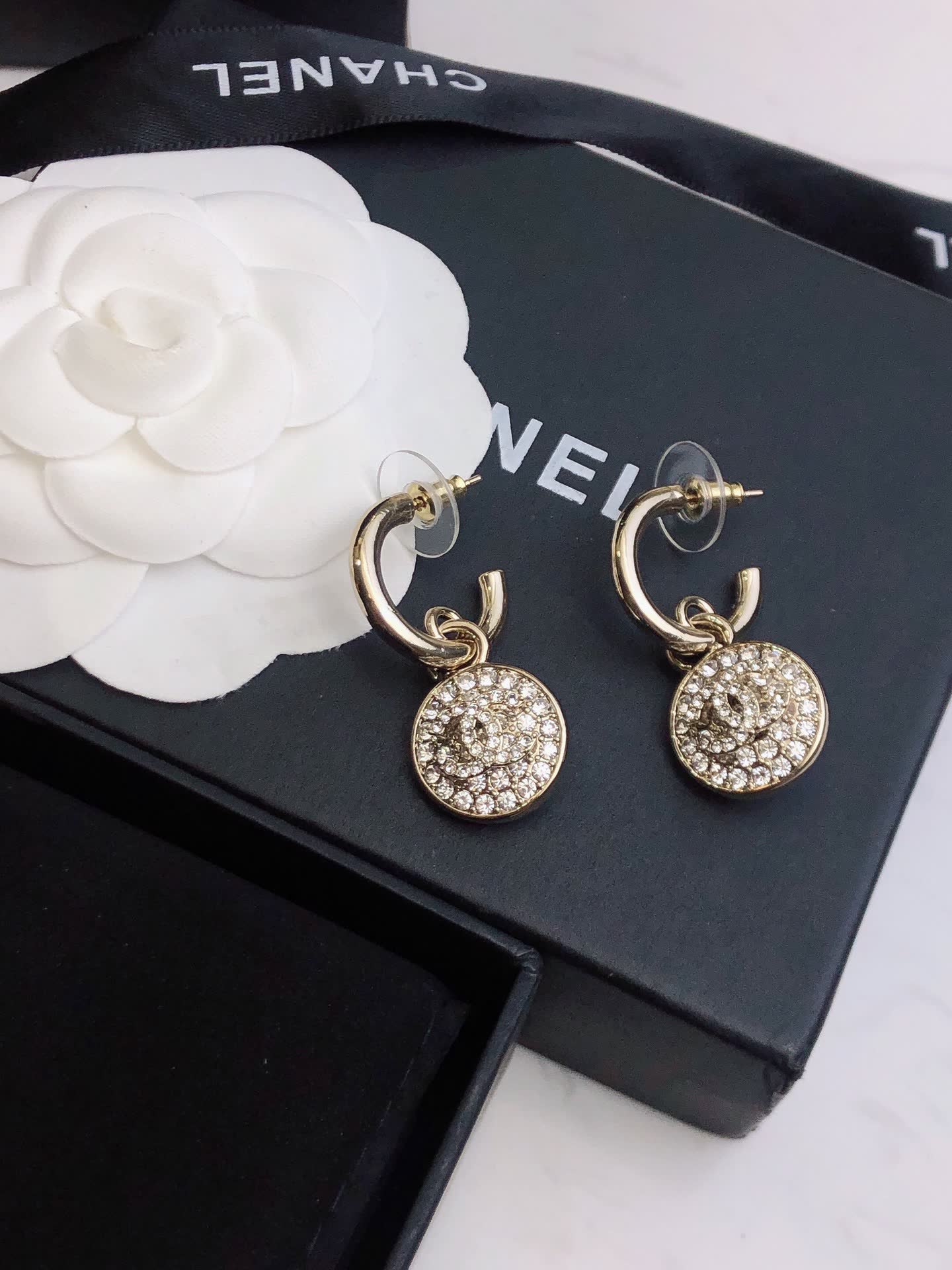 Chanel Gold Tone Crystal Lock Earrings