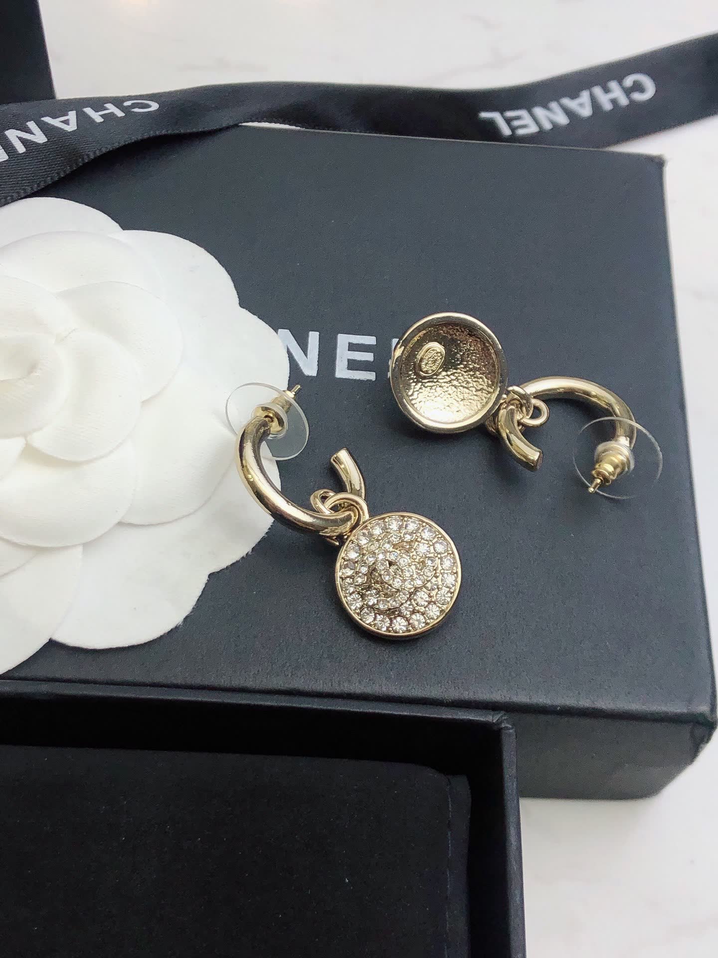 Chanel Gold Tone Crystal Lock Earrings