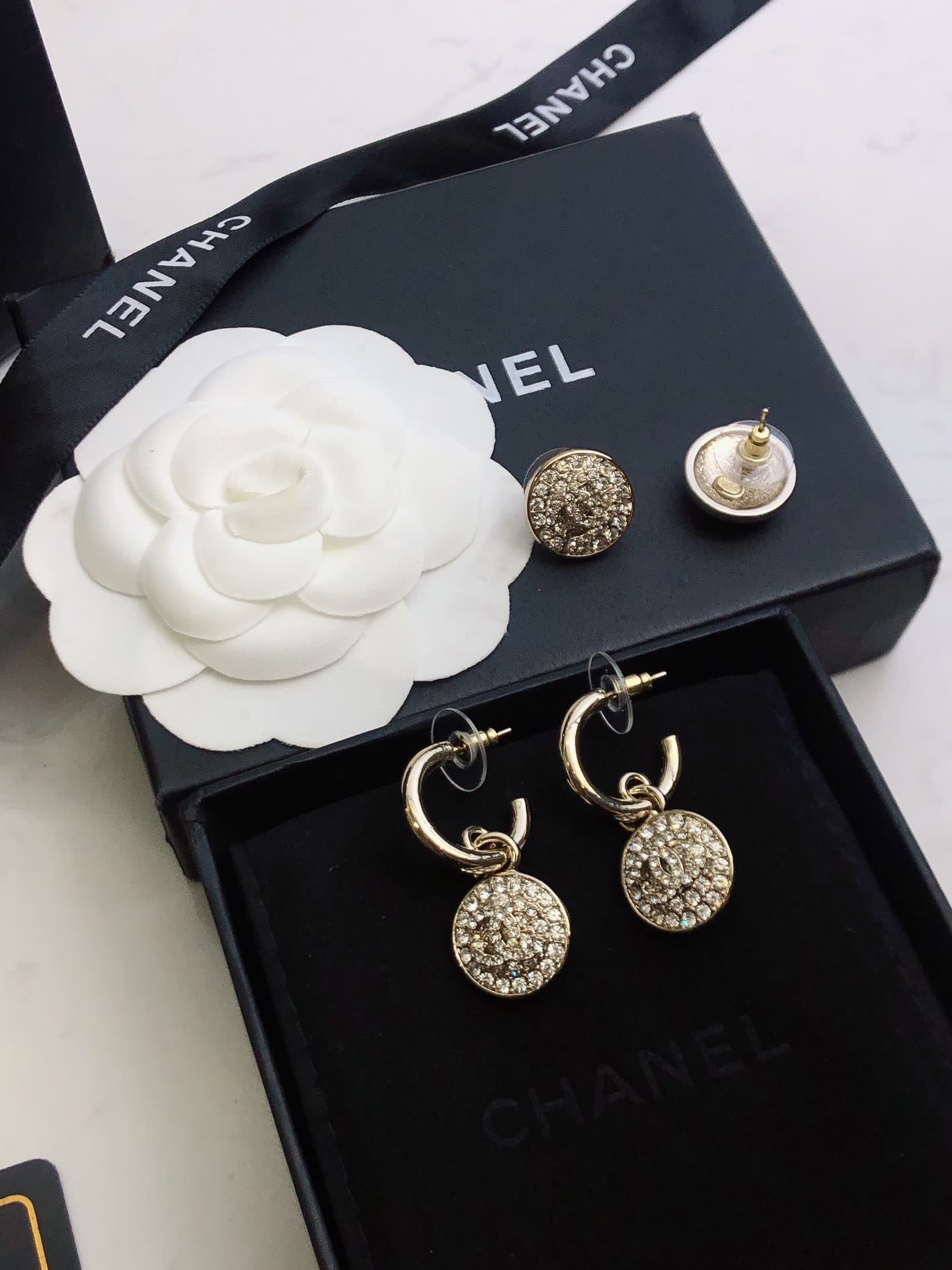 Chanel Gold Tone Crystal Lock Earrings