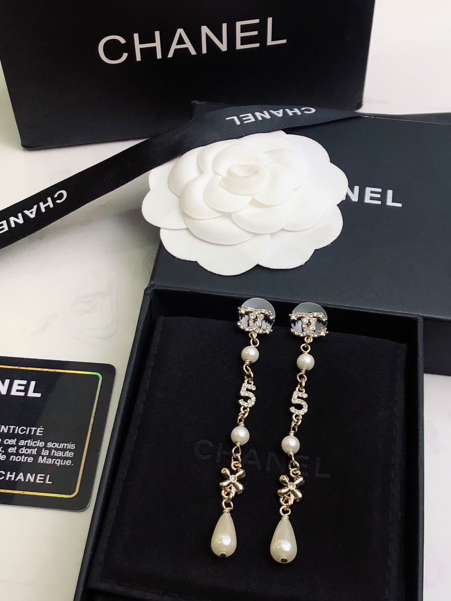 Chanel CC Logo Pearl Drop Earrings