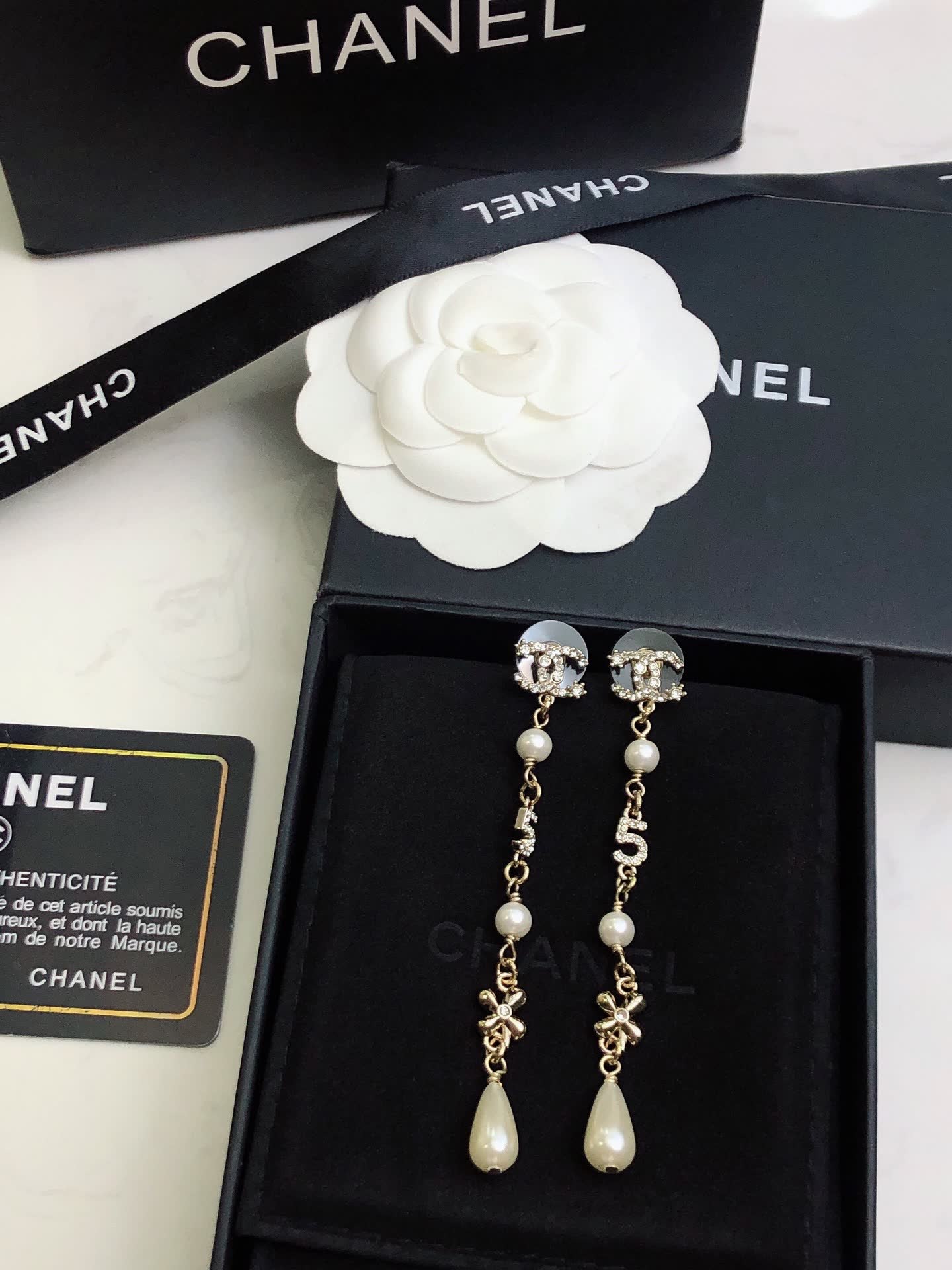 Chanel CC Logo Pearl Drop Earrings