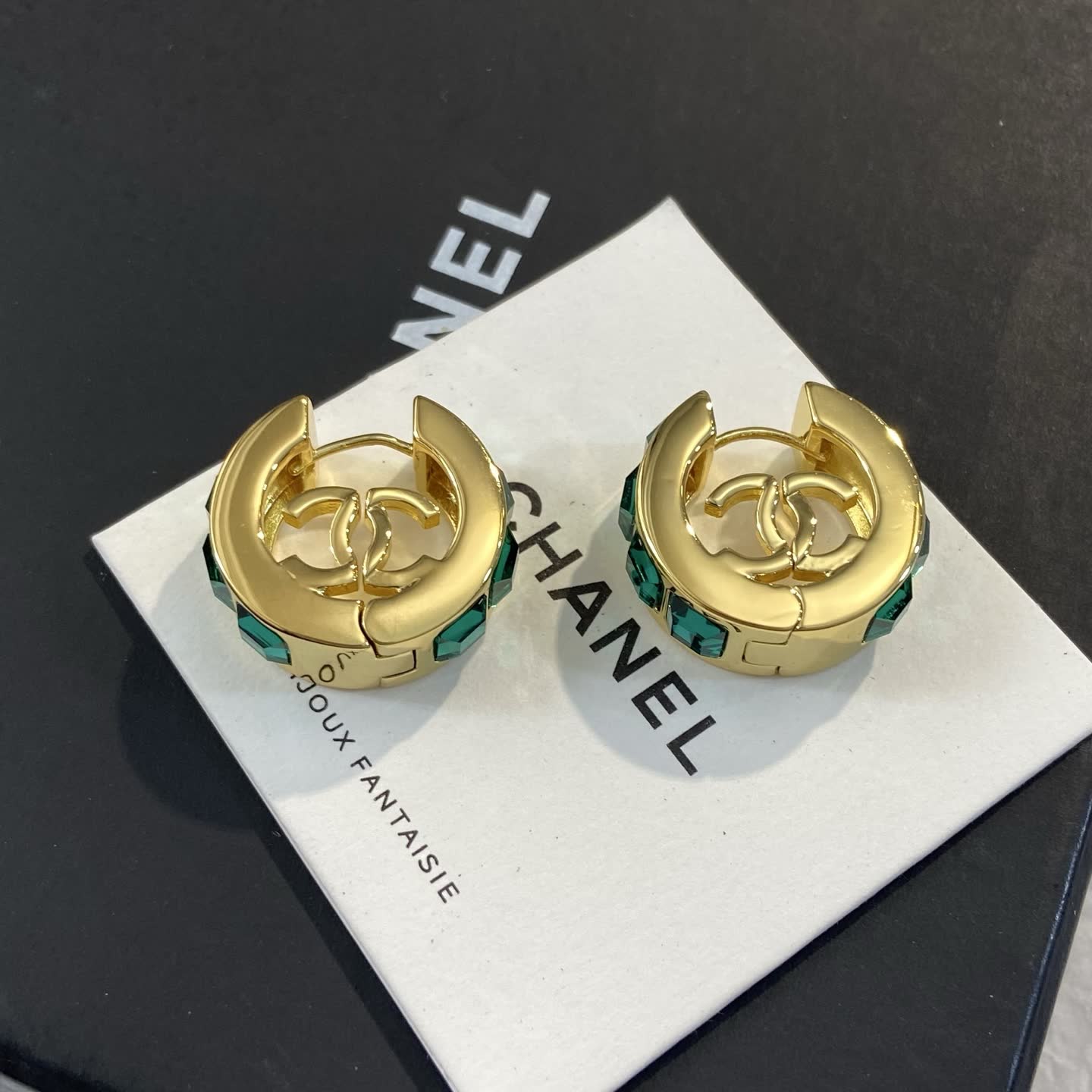 Chanel Gold Tone Green Crystal Hoop Earrings