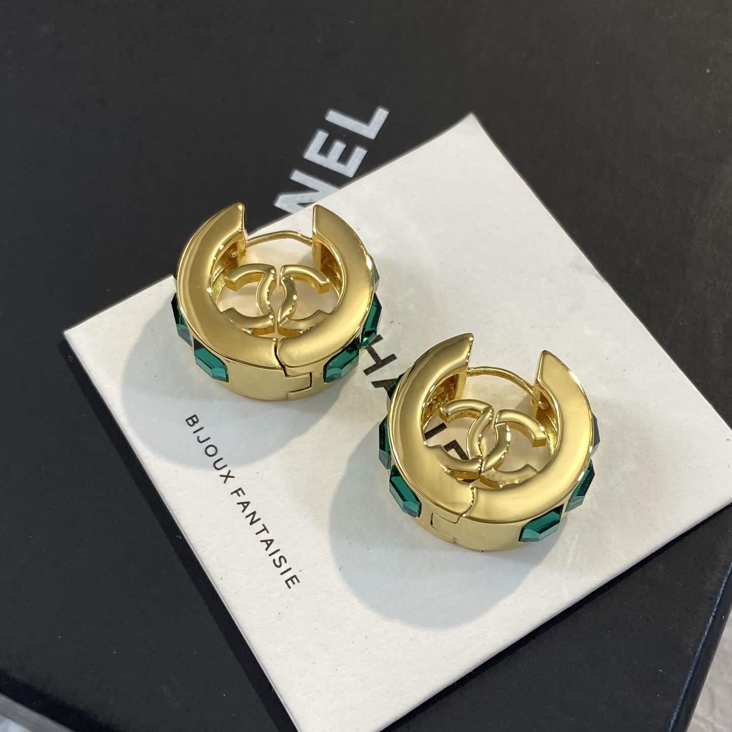 Chanel Gold Tone Green Crystal Hoop Earrings