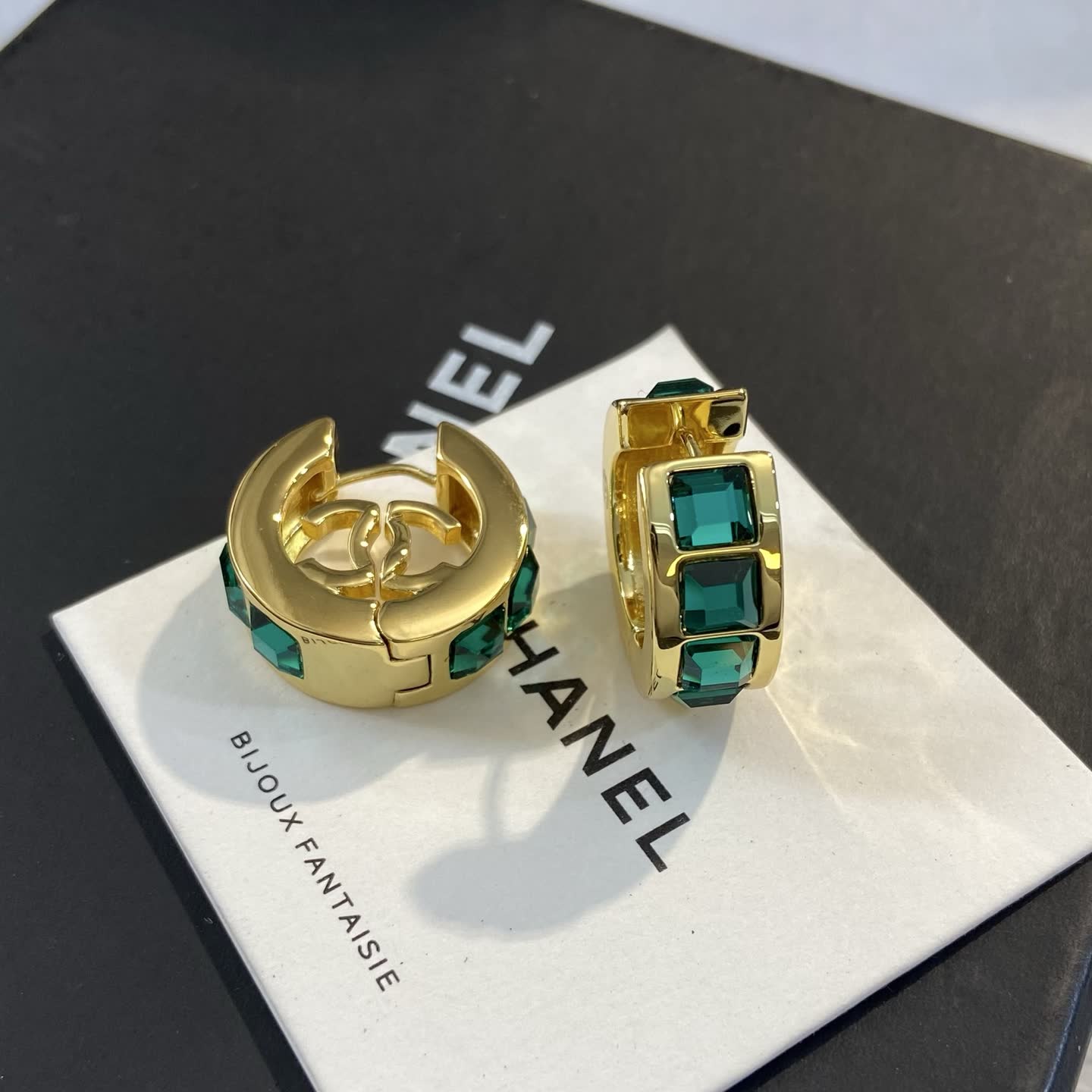 Chanel Gold Tone Green Crystal Hoop Earrings