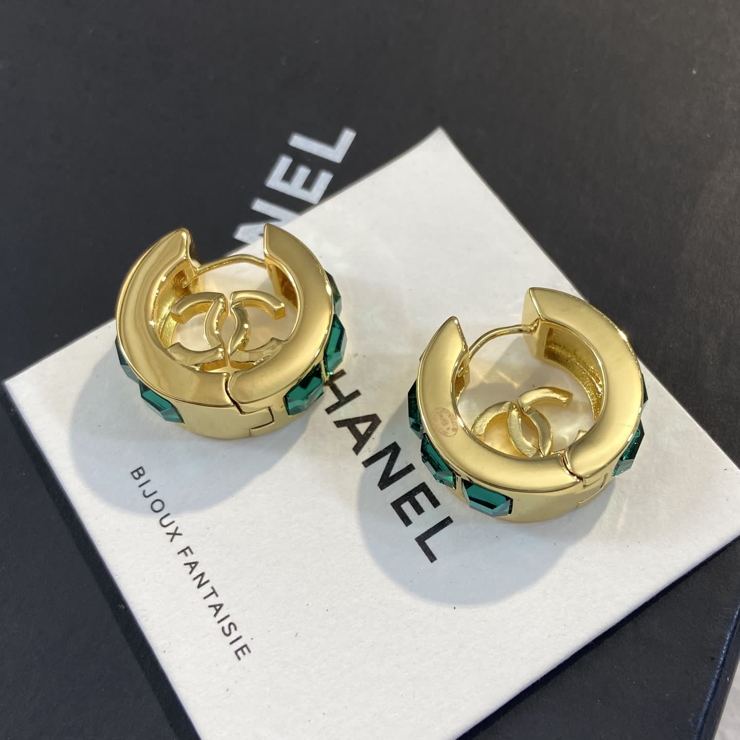 Chanel Gold Tone Green Crystal Hoop Earrings