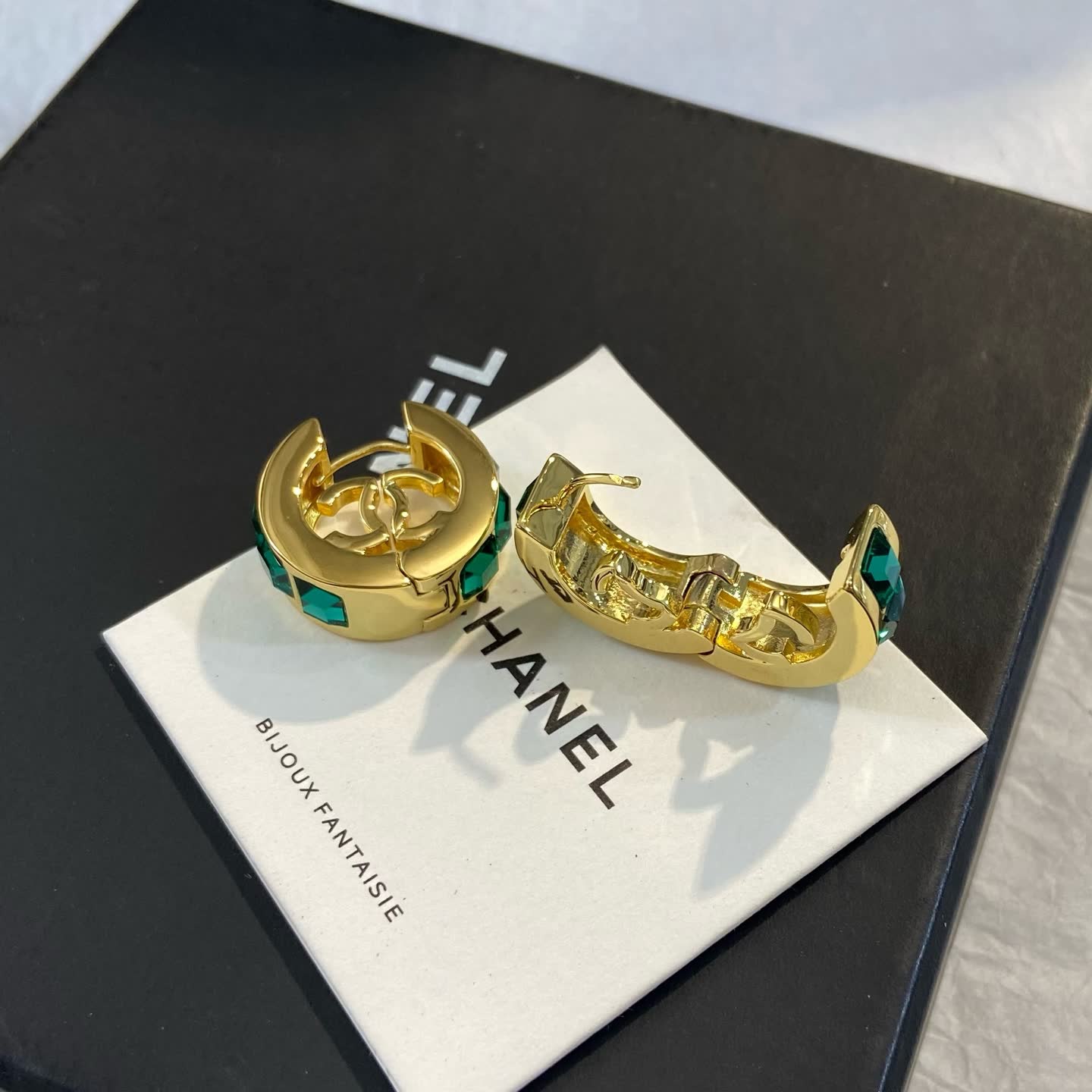 Chanel Gold Tone Green Crystal Hoop Earrings