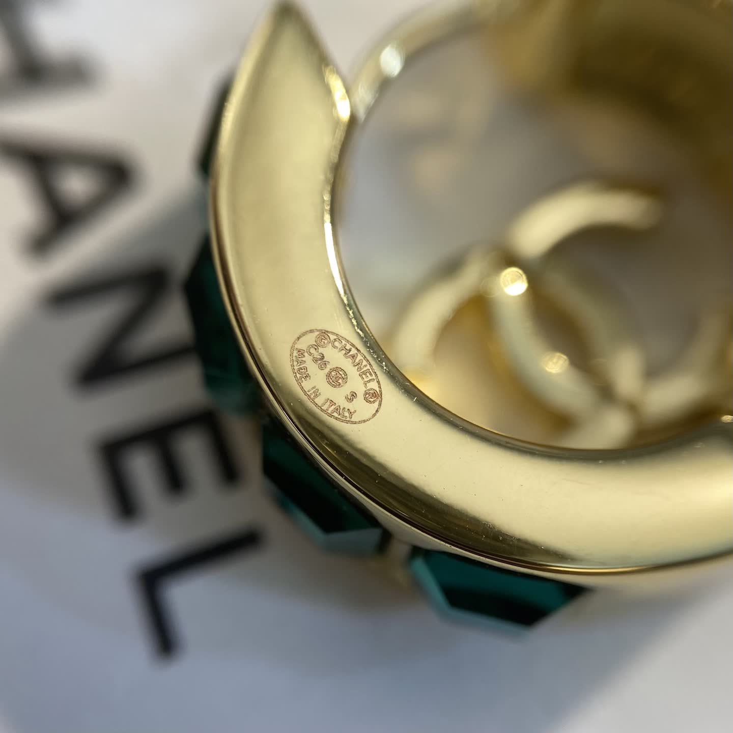 Chanel Gold Tone Green Crystal Hoop Earrings