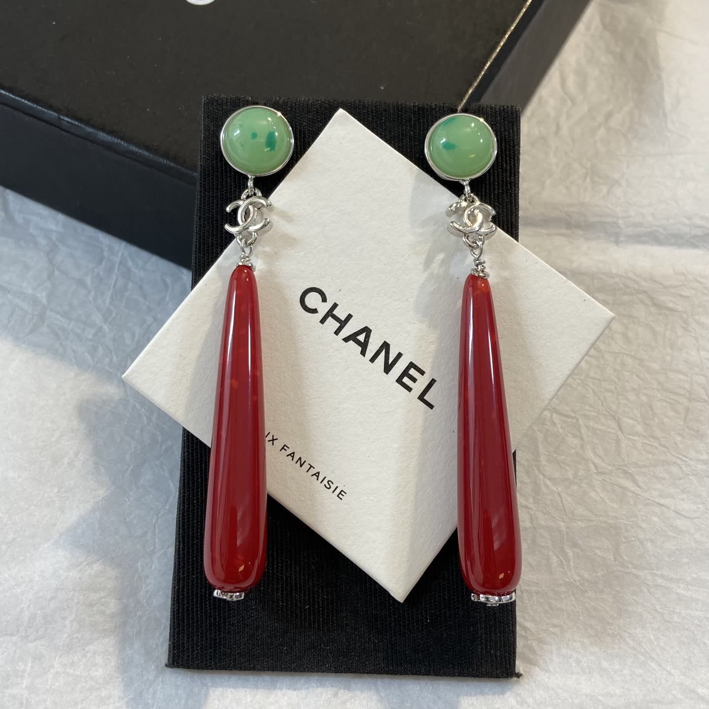 Chanel Green and Red Stone Drop Earrings Chanel Green and Red Stone Drop Earrings