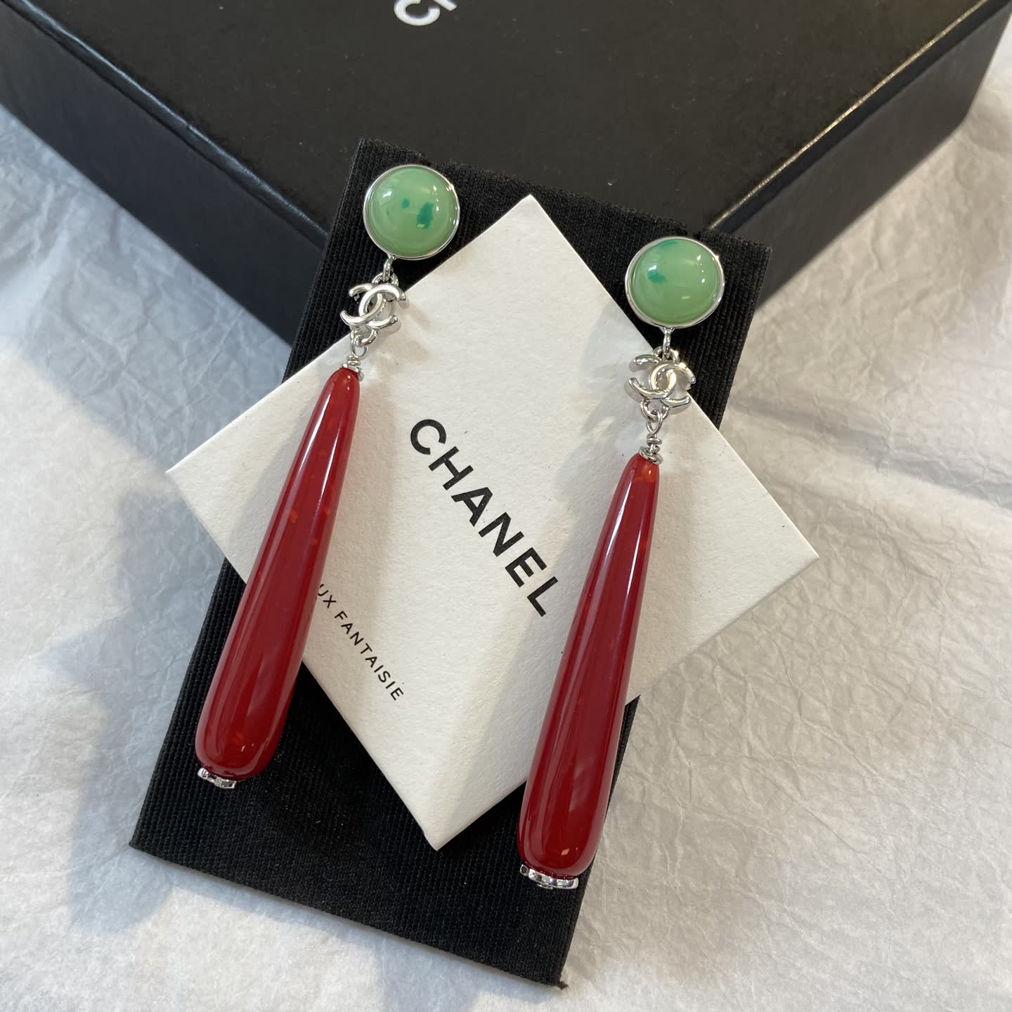 Chanel Green and Red Stone Drop Earrings