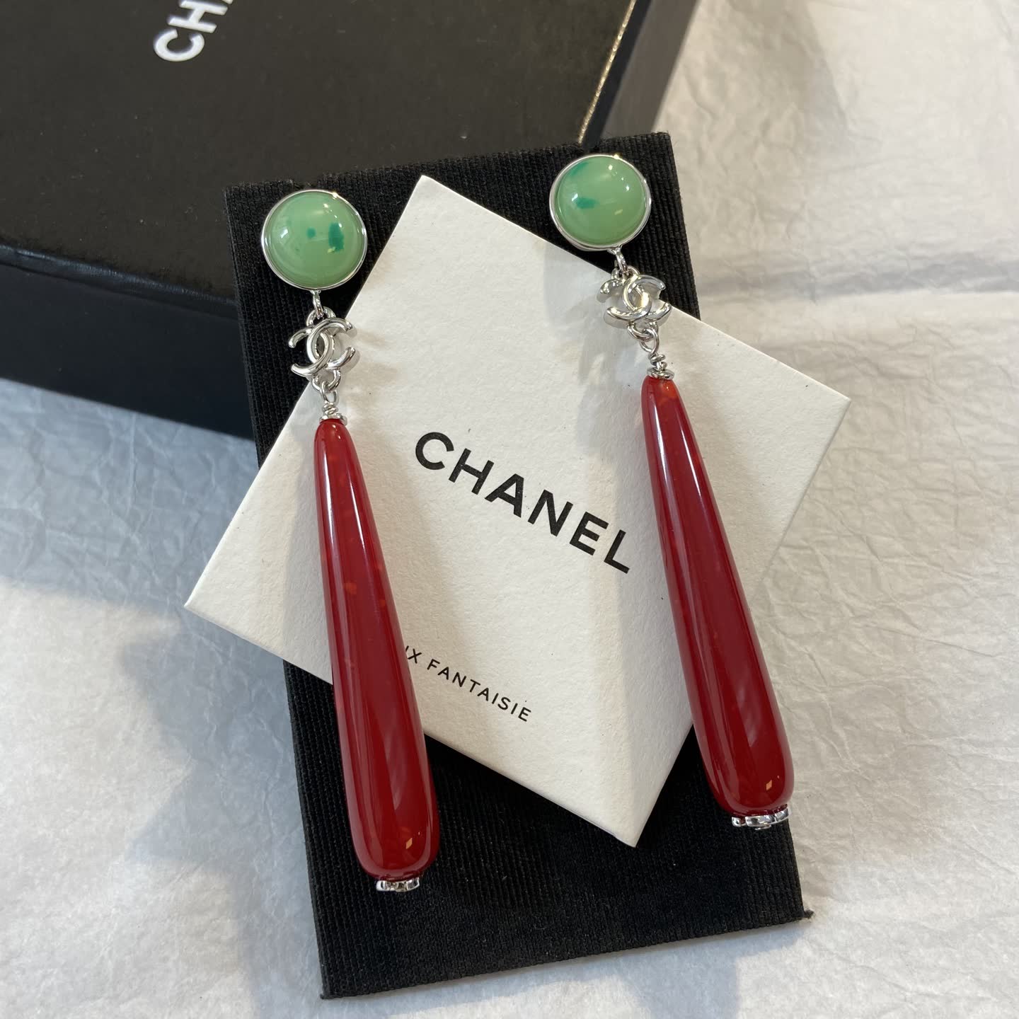 Chanel Green and Red Stone Drop Earrings