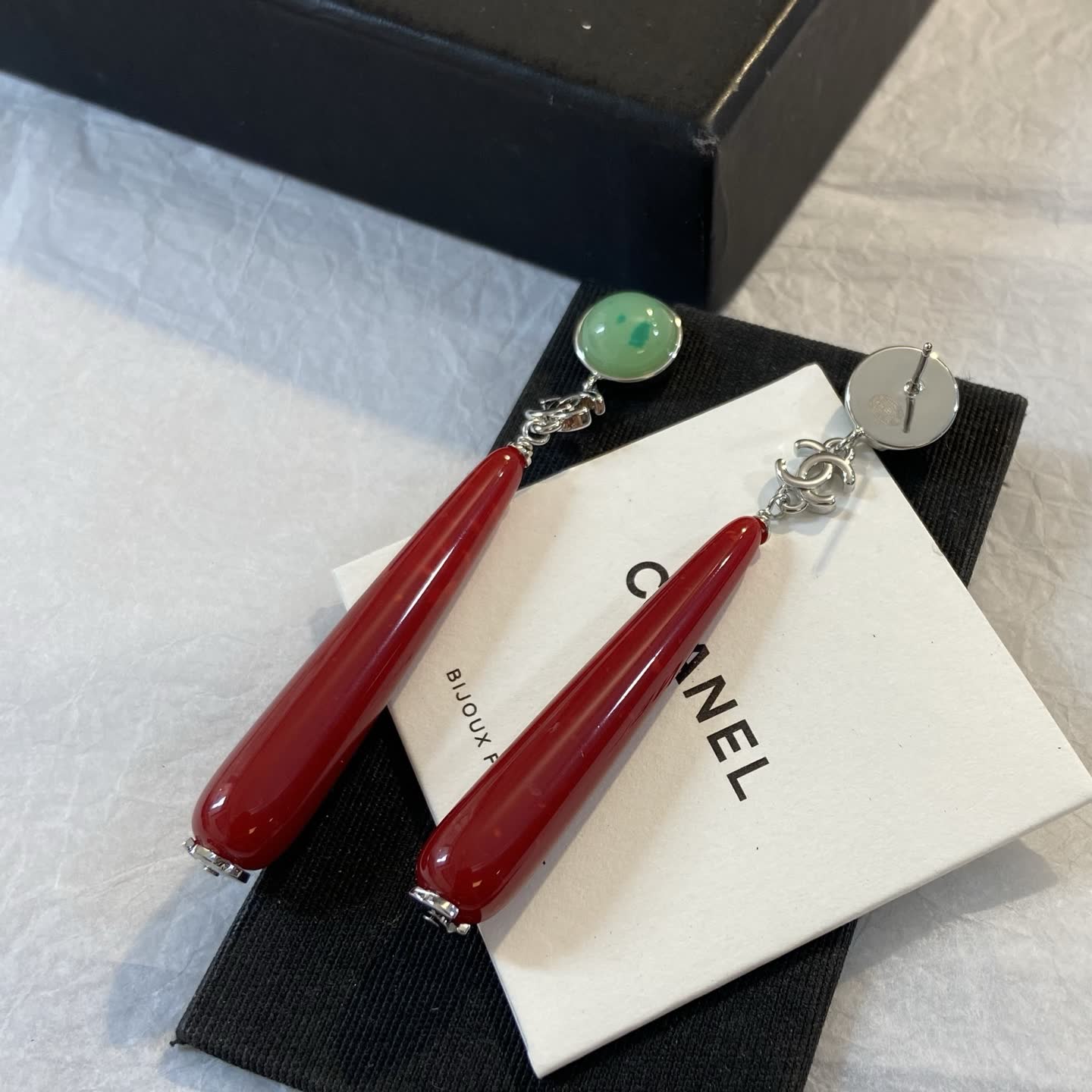 Chanel Green and Red Stone Drop Earrings