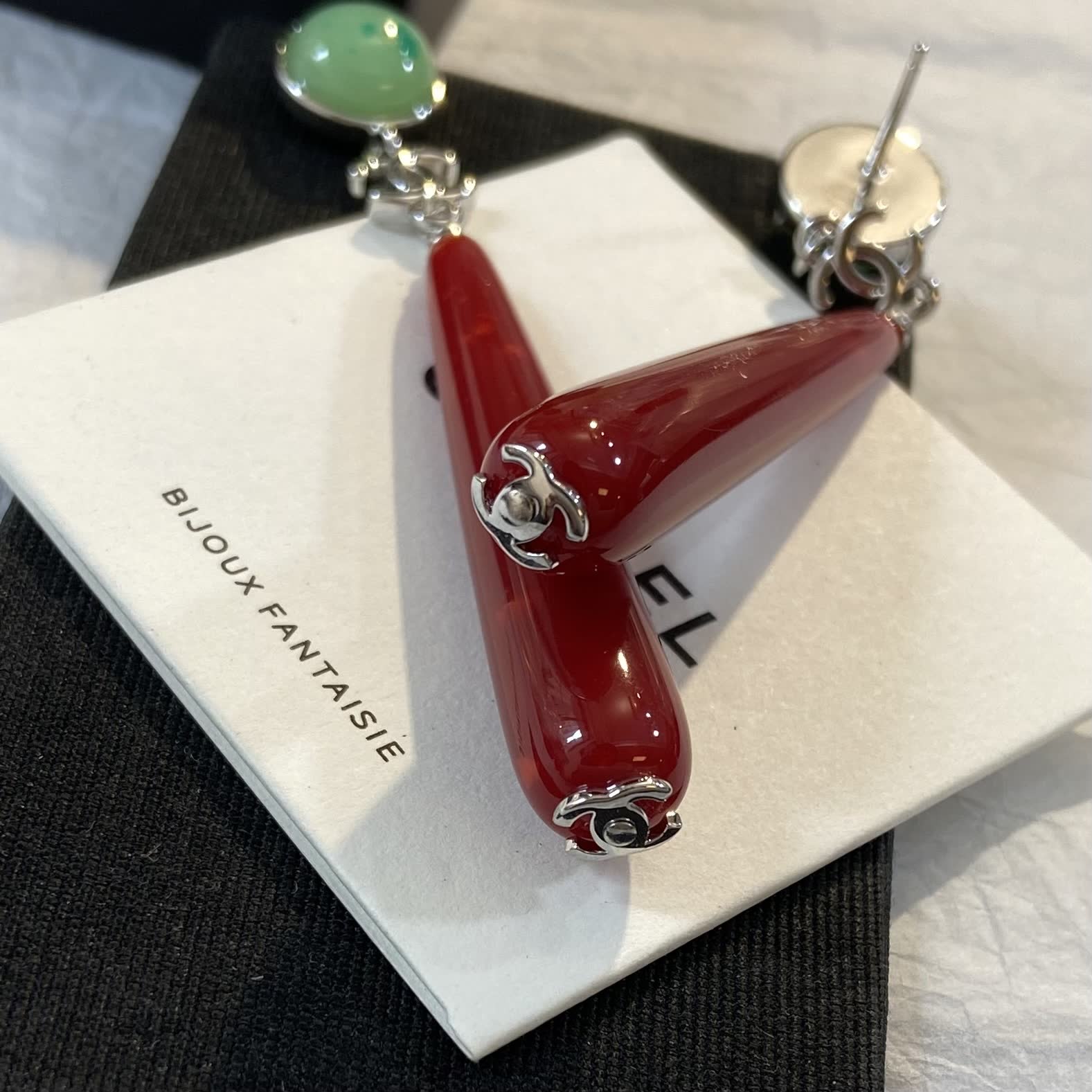 Chanel Green and Red Stone Drop Earrings