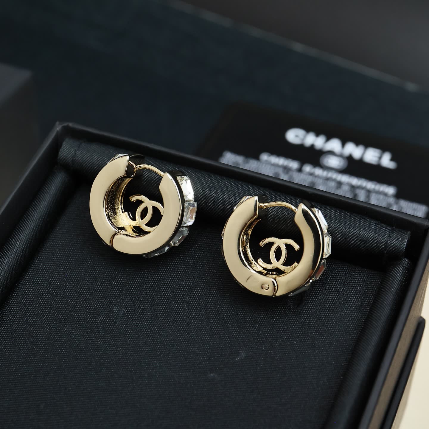 Chanel CC Logo Crystal Hoop Earrings