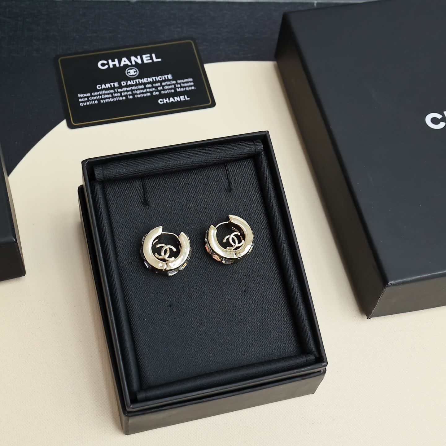 Chanel CC Logo Crystal Hoop Earrings