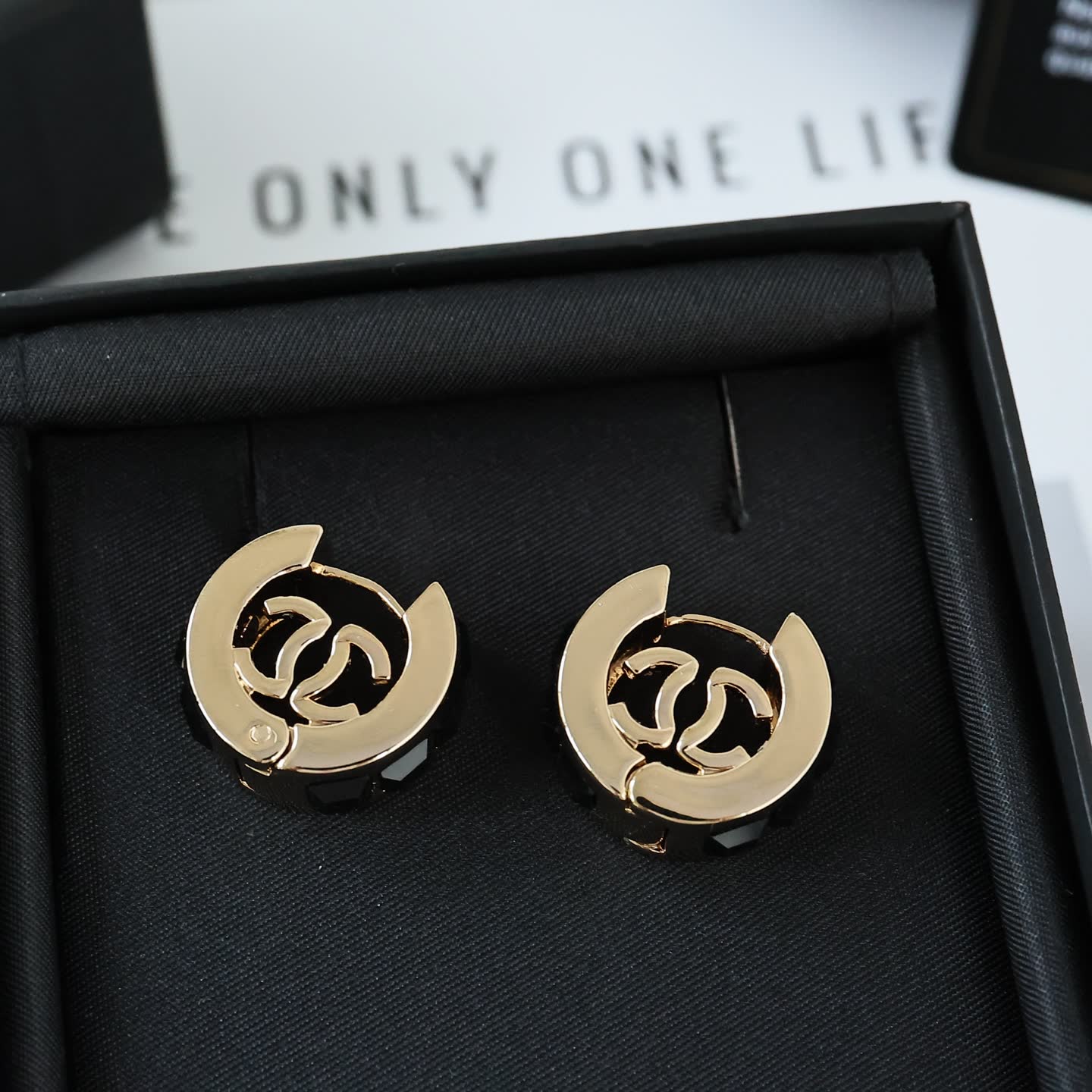 Chanel CC Logo Hoop Earrings with Black Stones
