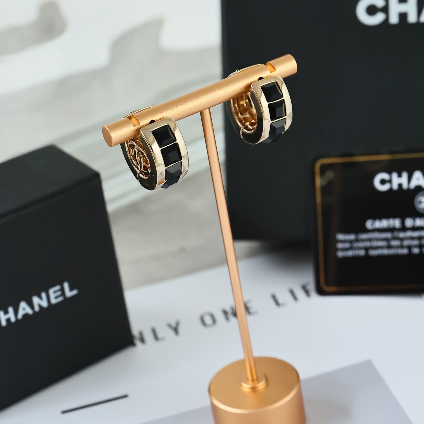 Chanel CC Logo Hoop Earrings with Black Stones