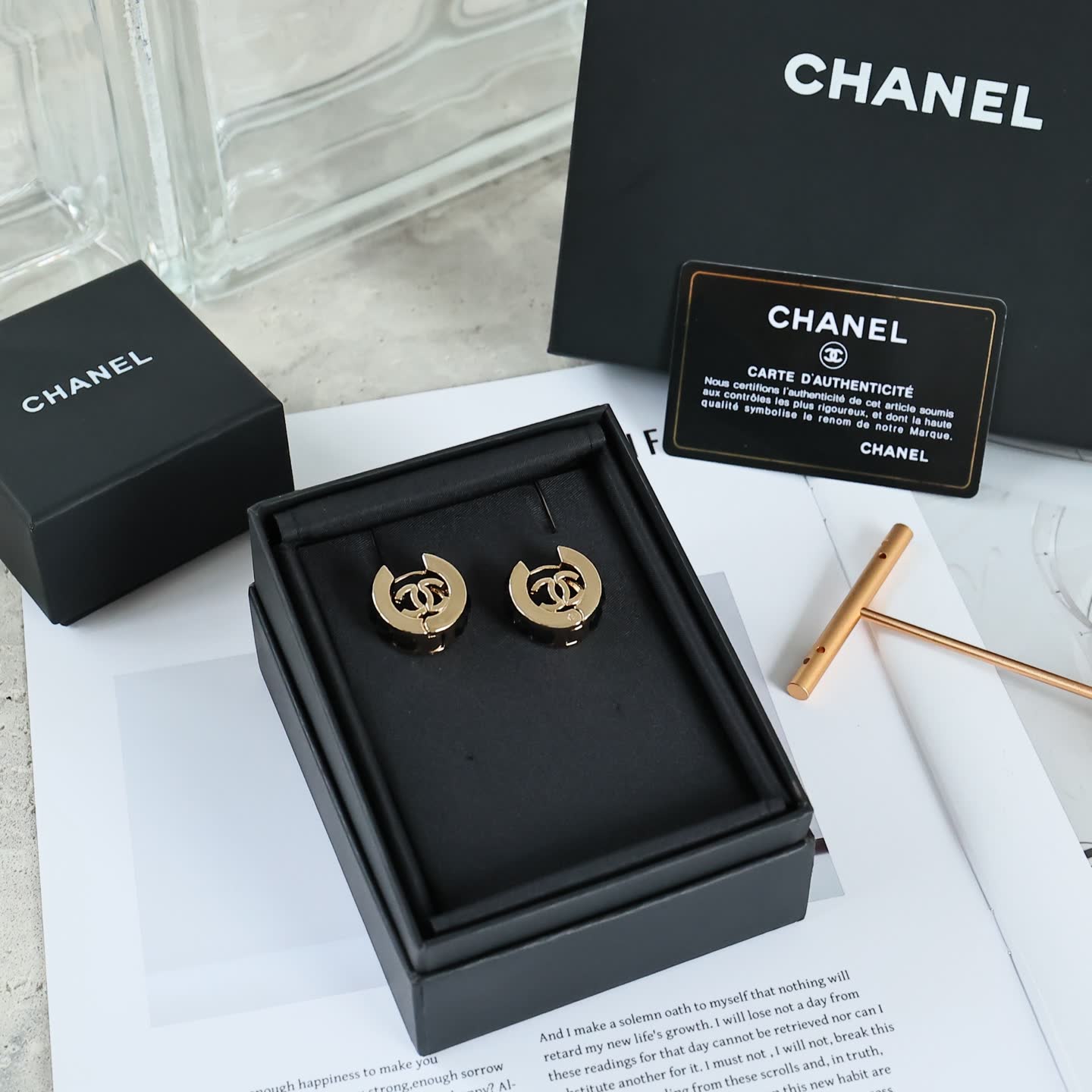 Chanel CC Logo Hoop Earrings with Black Stones