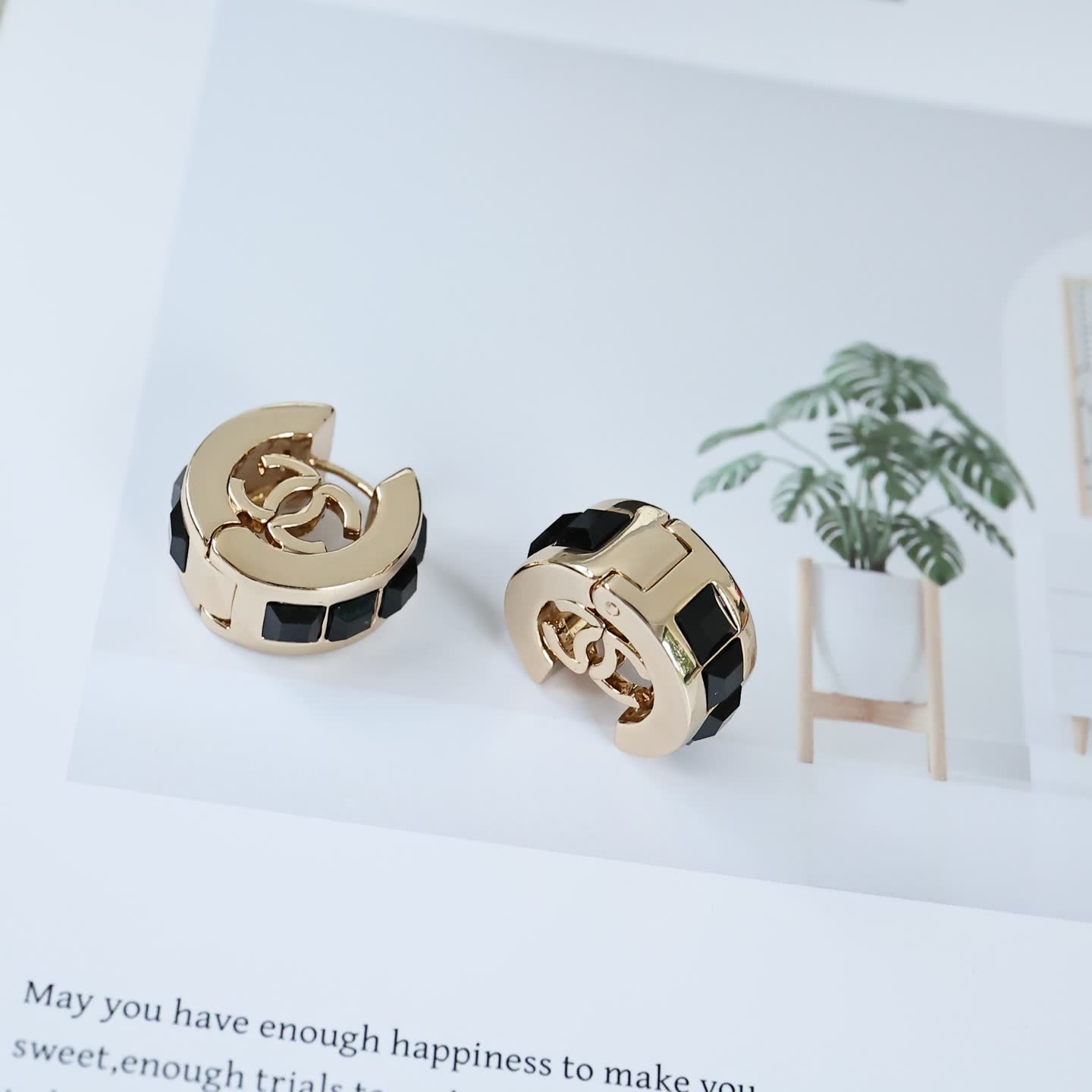 Chanel CC Logo Hoop Earrings with Black Stones