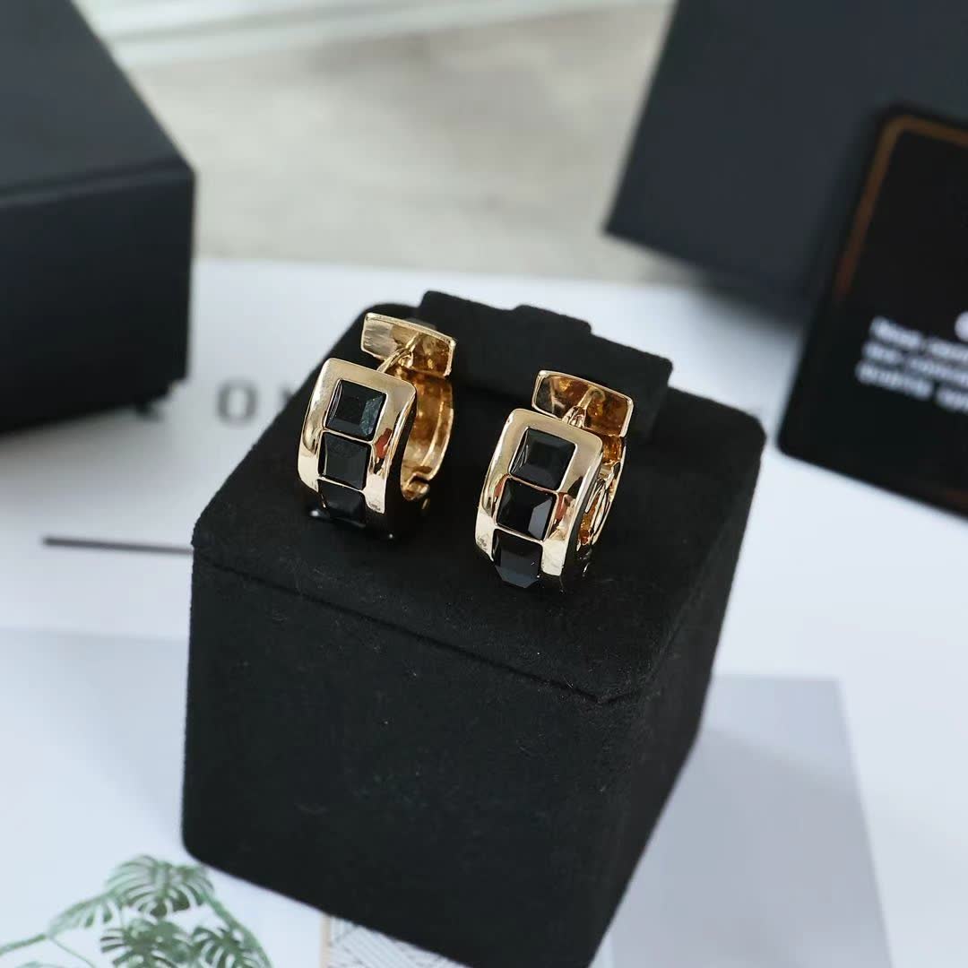 Chanel CC Logo Hoop Earrings with Black Stones