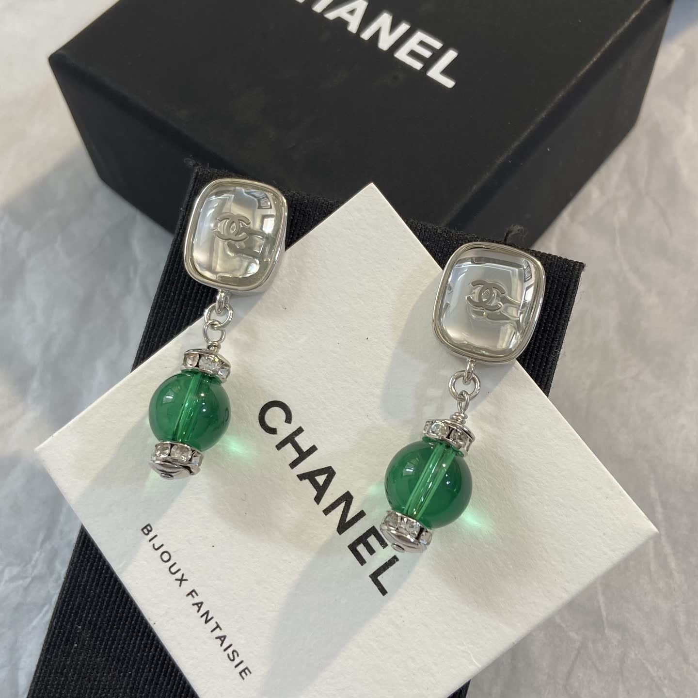 Chanel Green Crystal Earrings