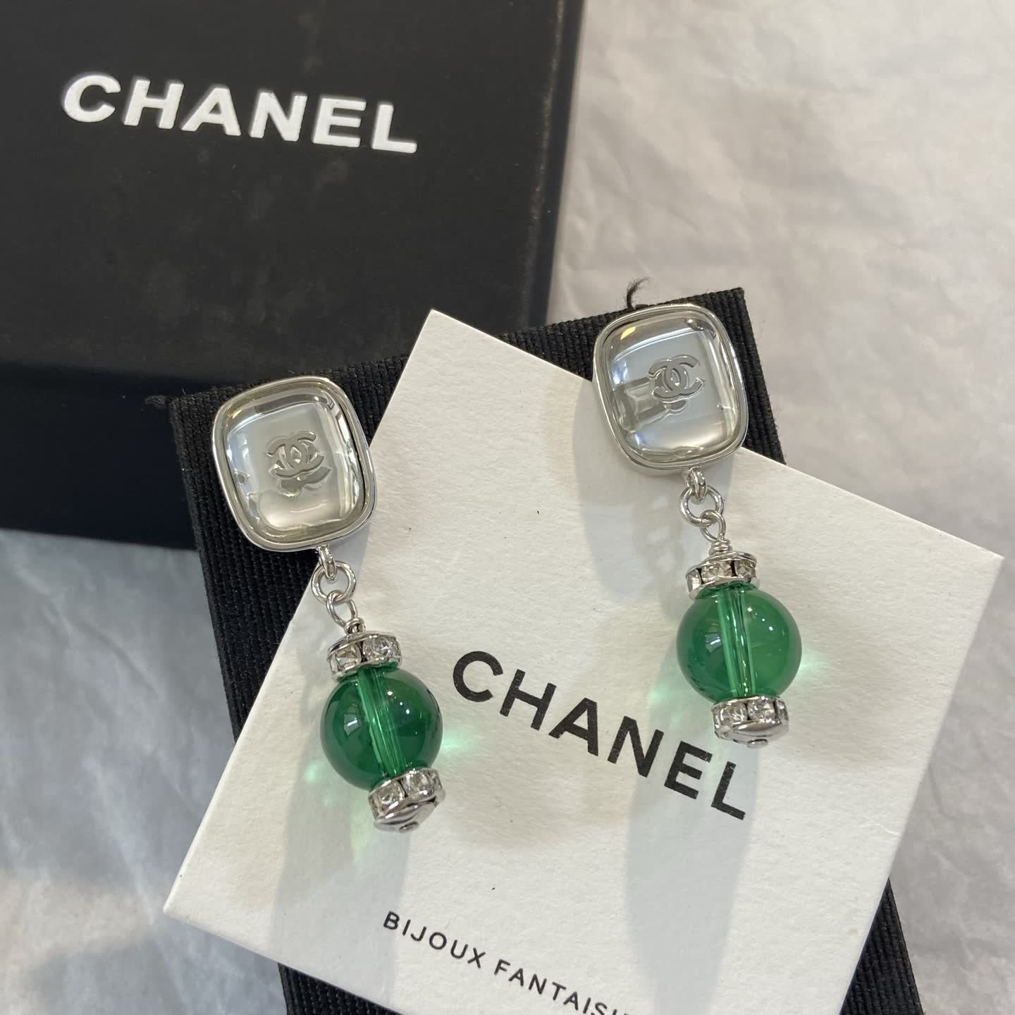 Chanel Green Crystal Earrings