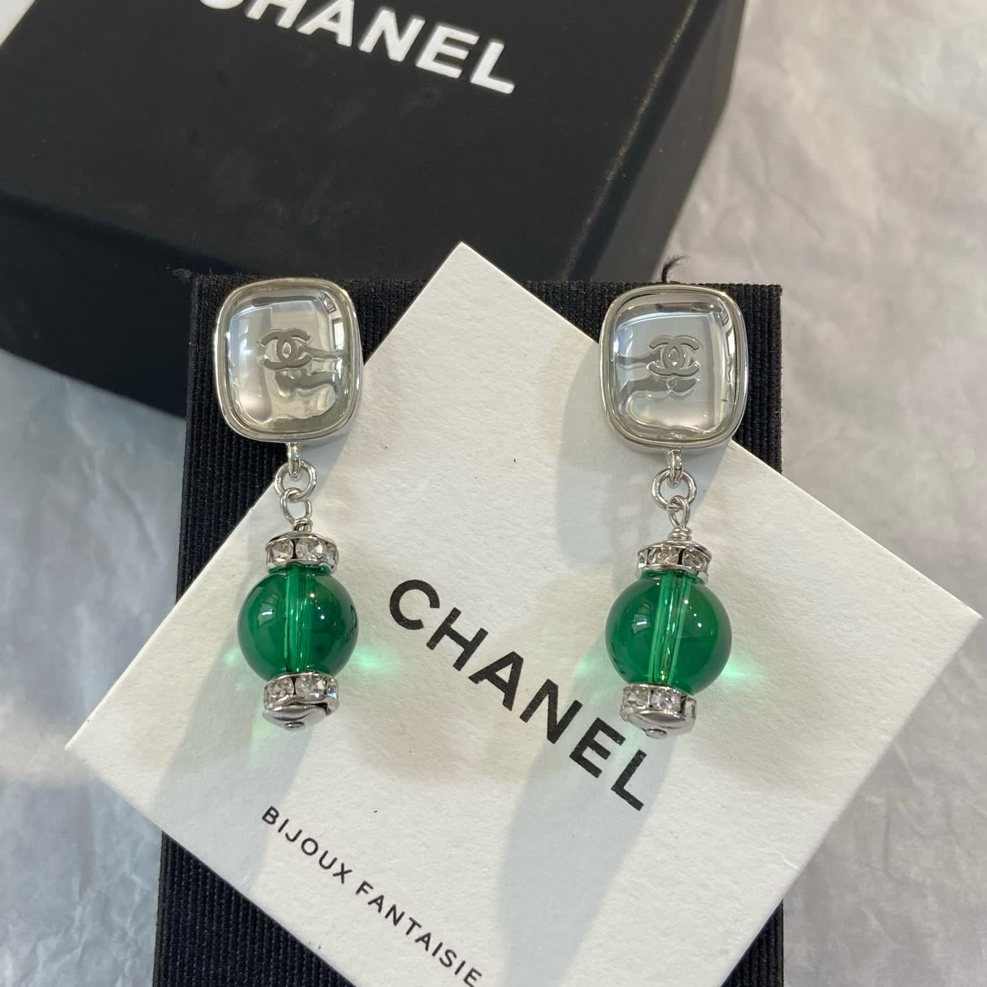 Chanel Green Crystal Earrings