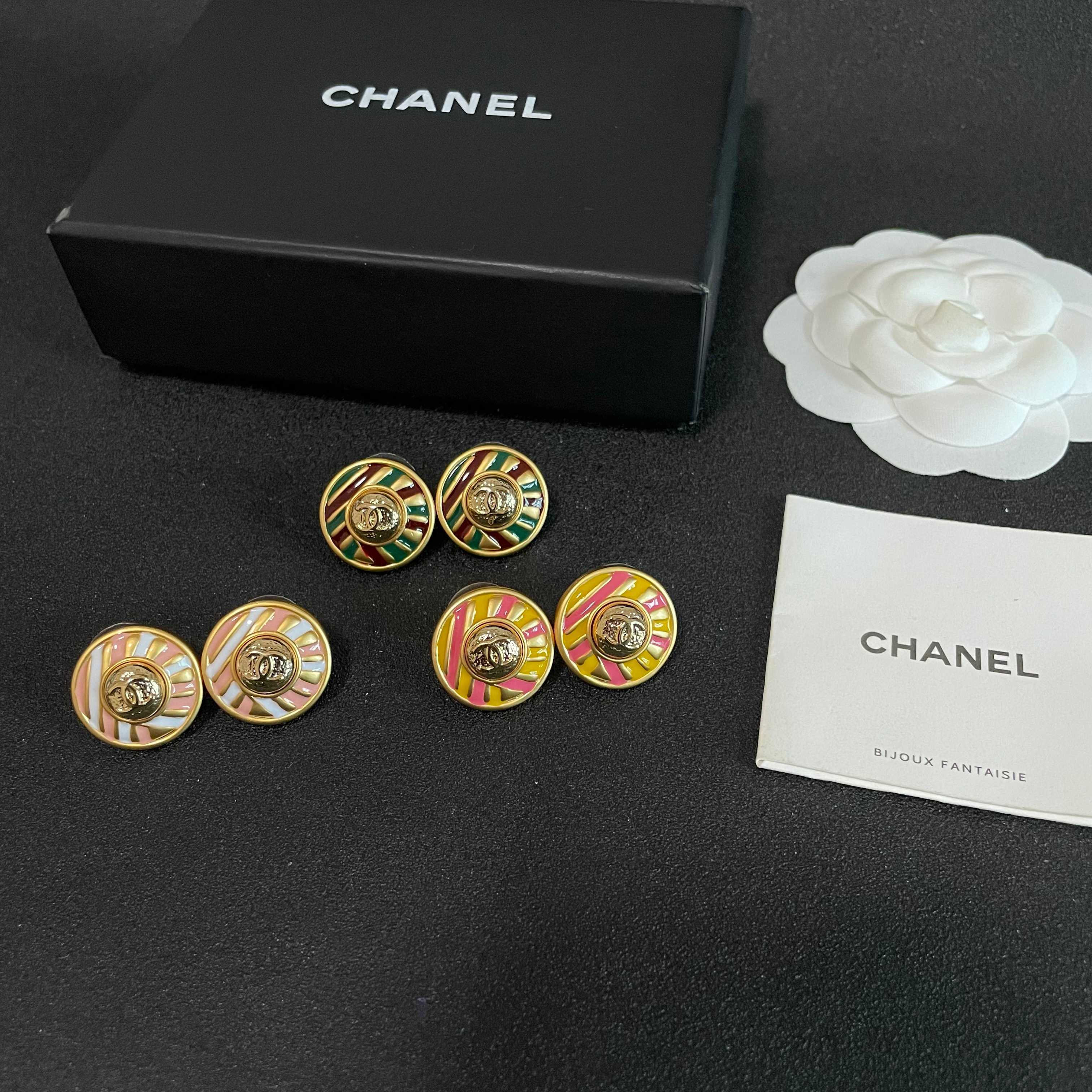 Chanel Gold Tone Striped Stud Earrings