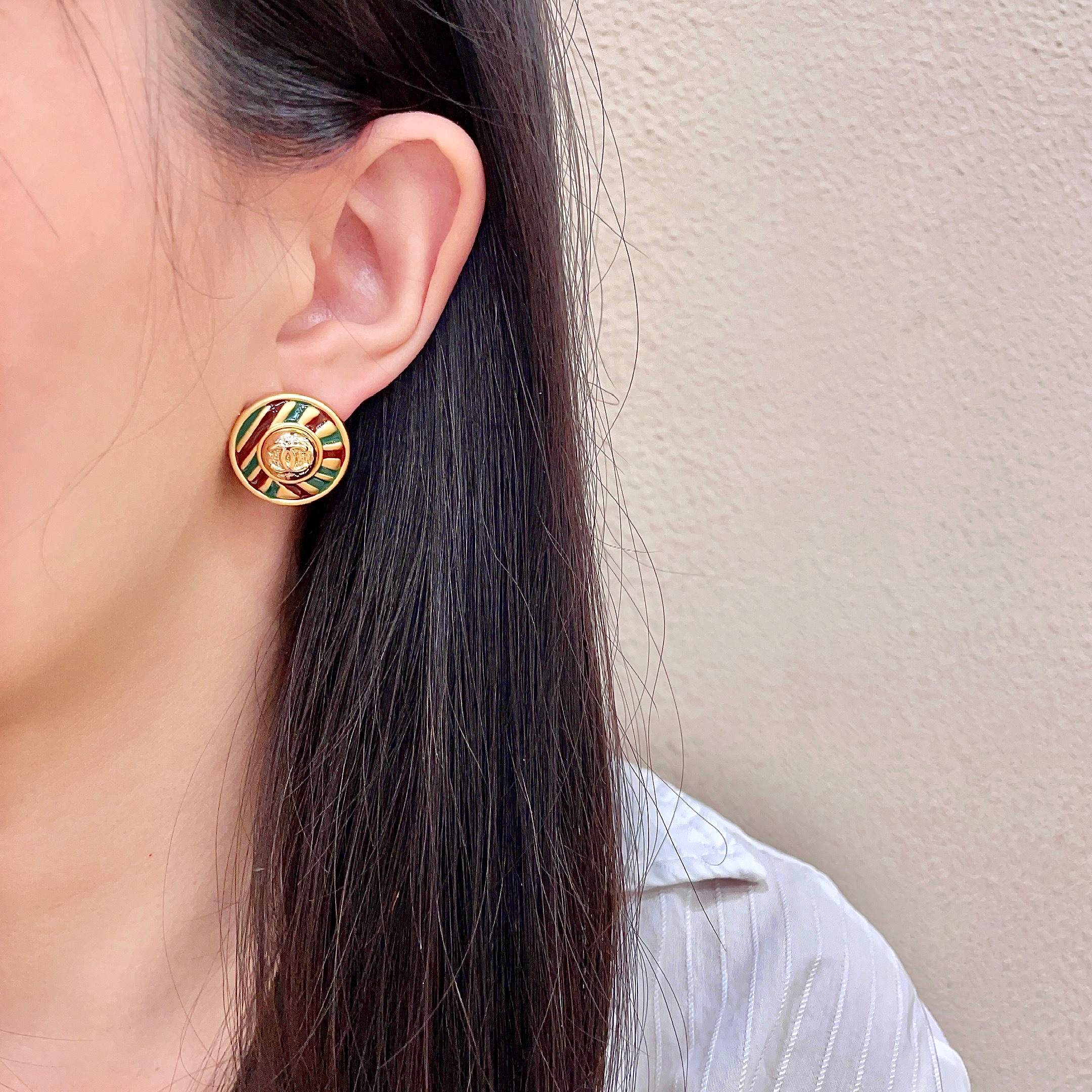 Chanel Gold Tone Striped Stud Earrings