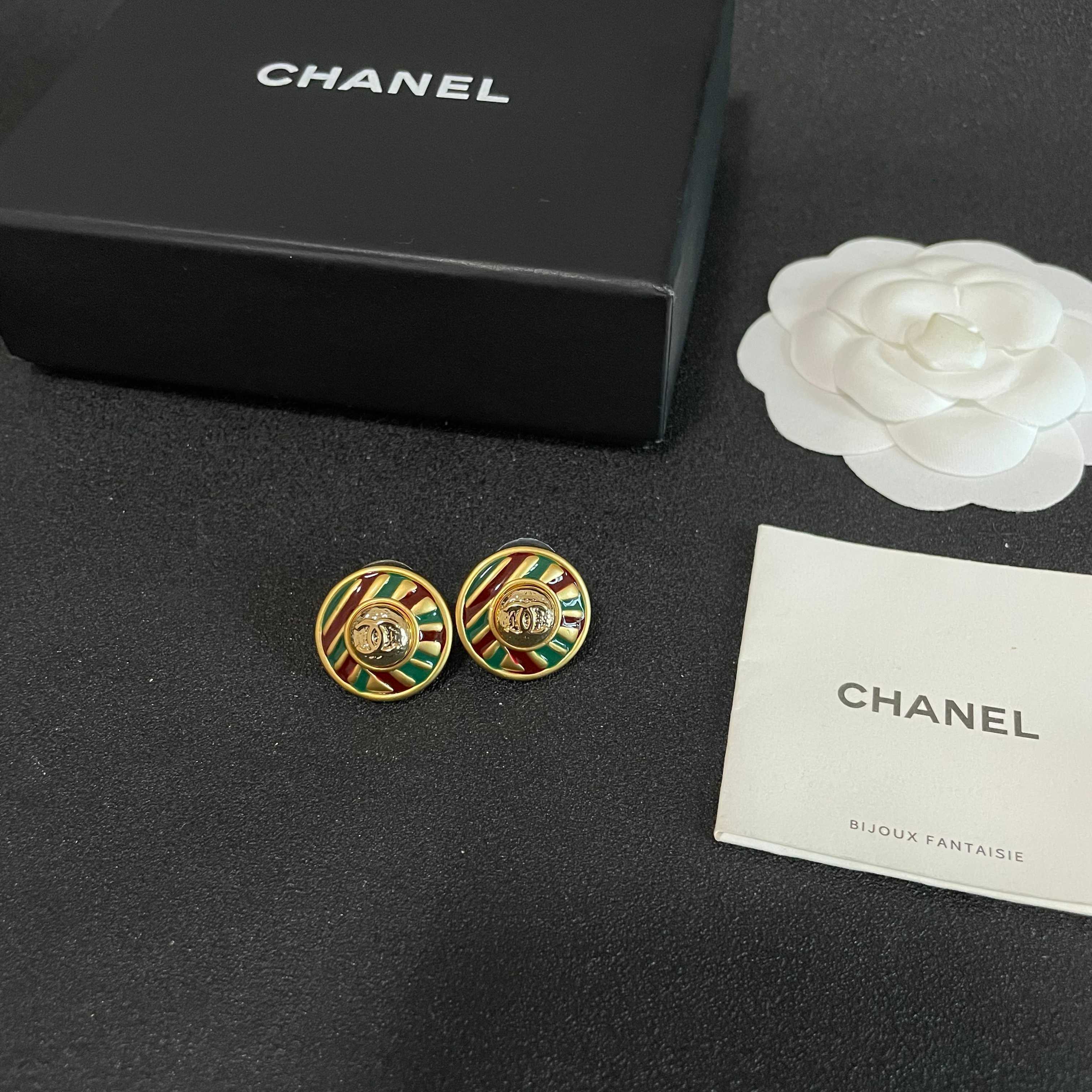 Chanel Gold Tone Striped Stud Earrings