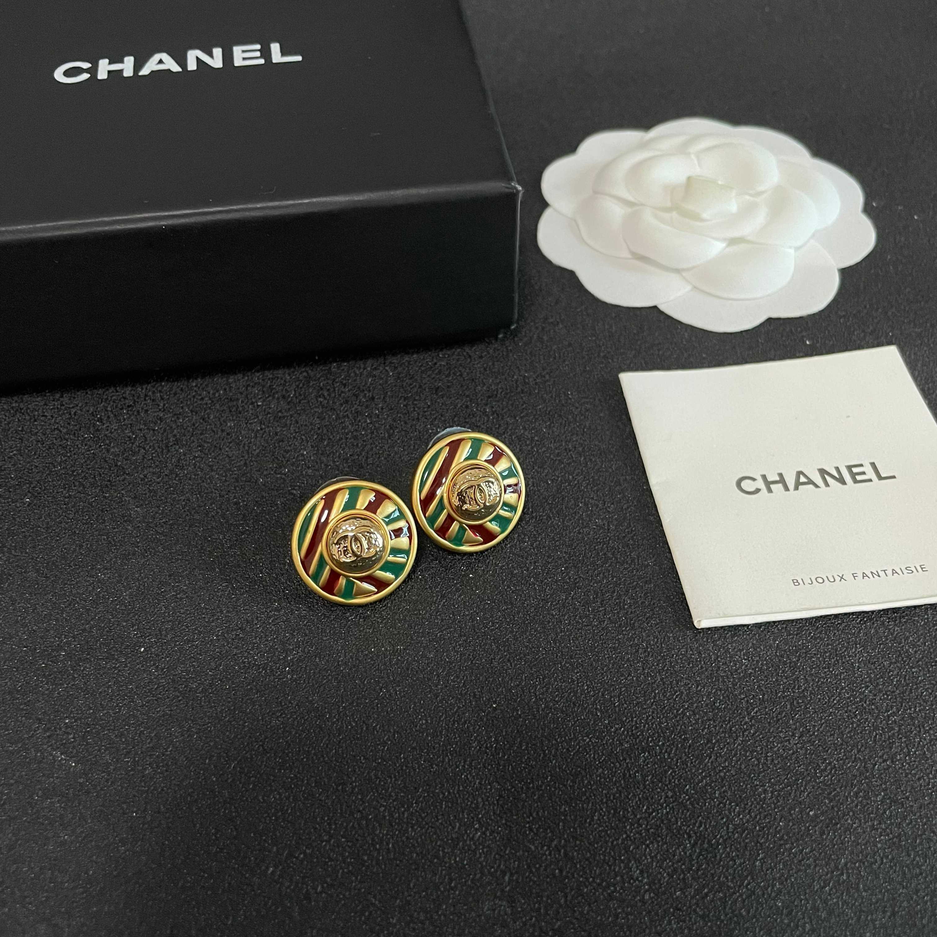 Chanel Gold Tone Striped Stud Earrings