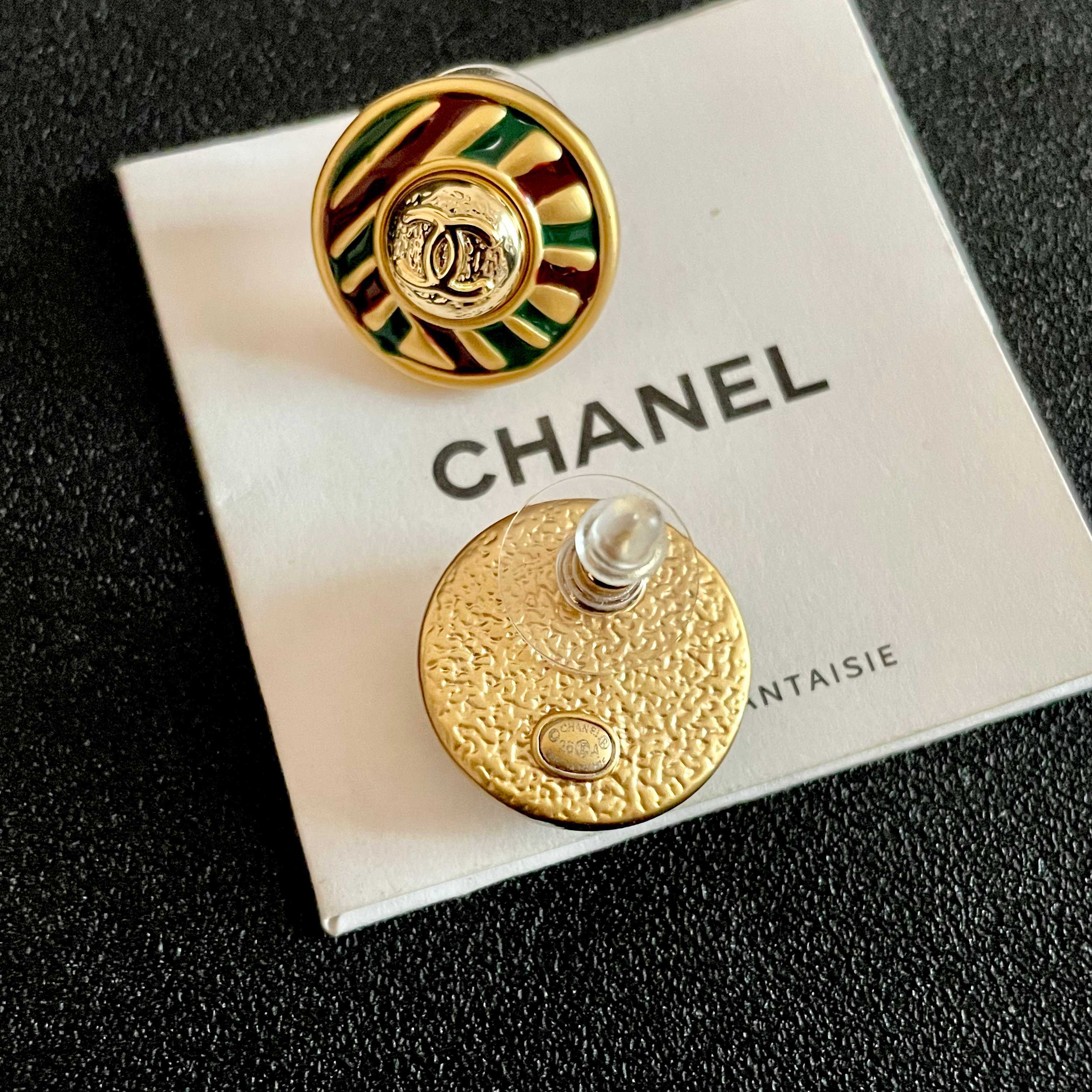 Chanel Gold Tone Striped Stud Earrings