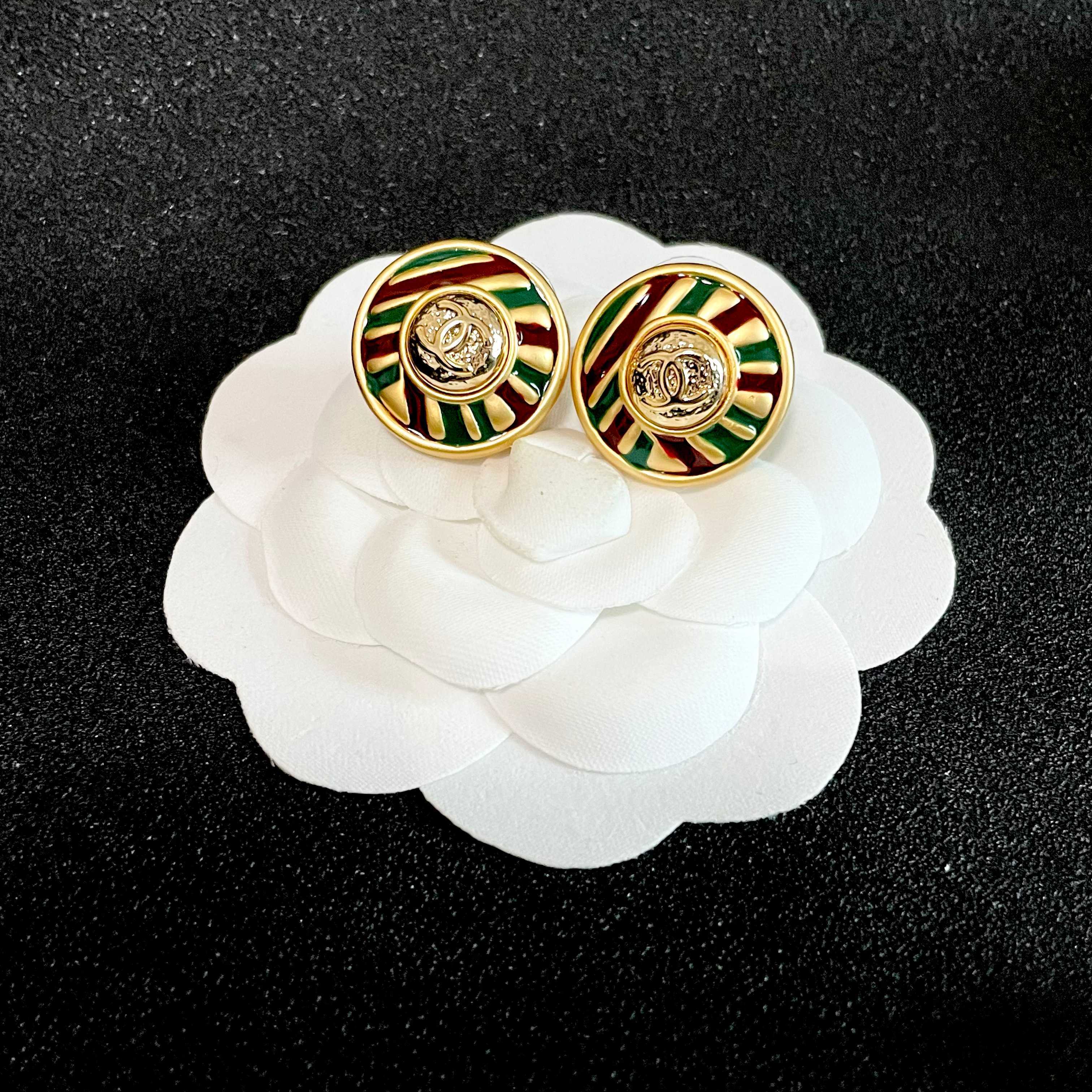 Chanel Gold Tone Striped Stud Earrings