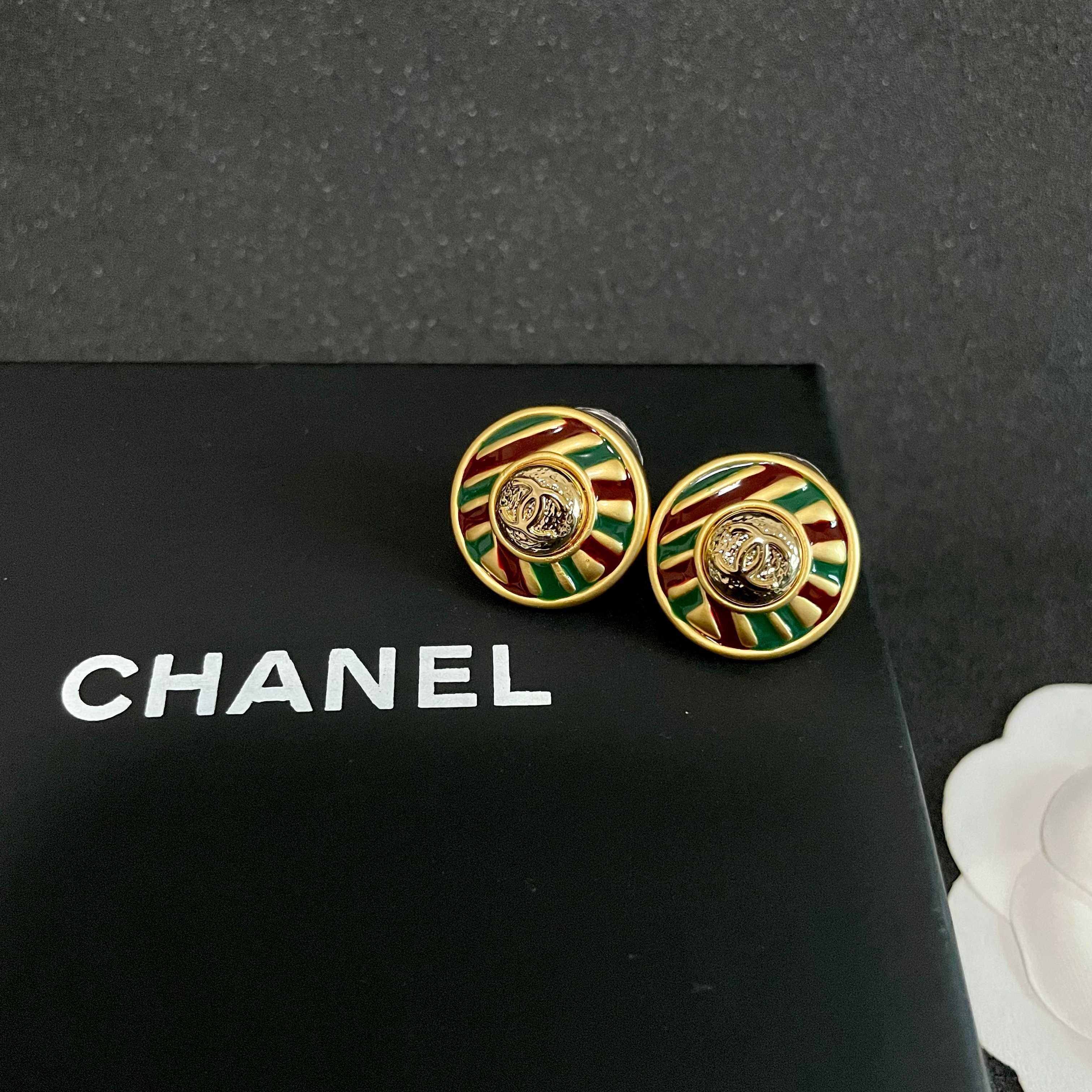 Chanel Gold Tone Striped Stud Earrings