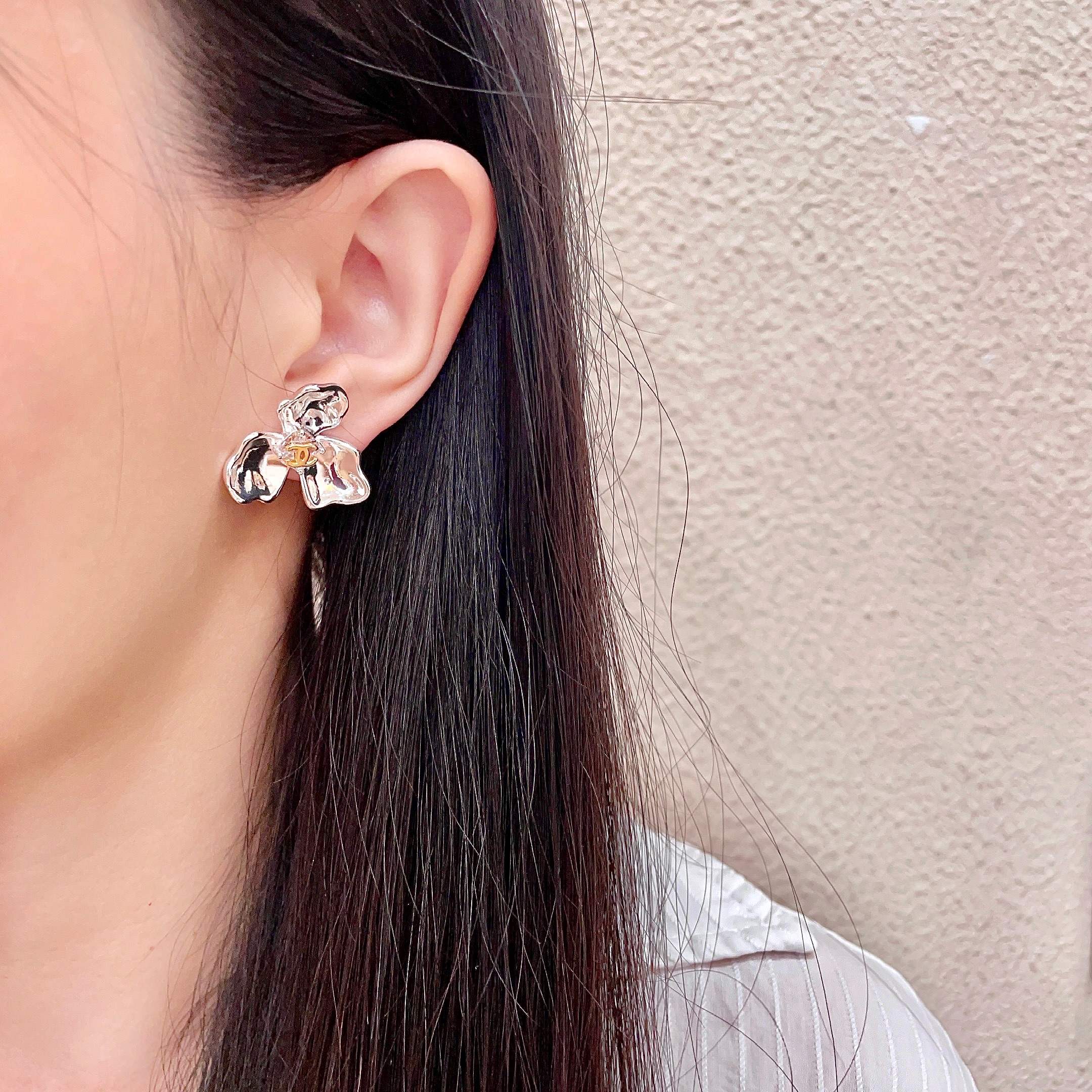 Chanel Silver Flower Earrings