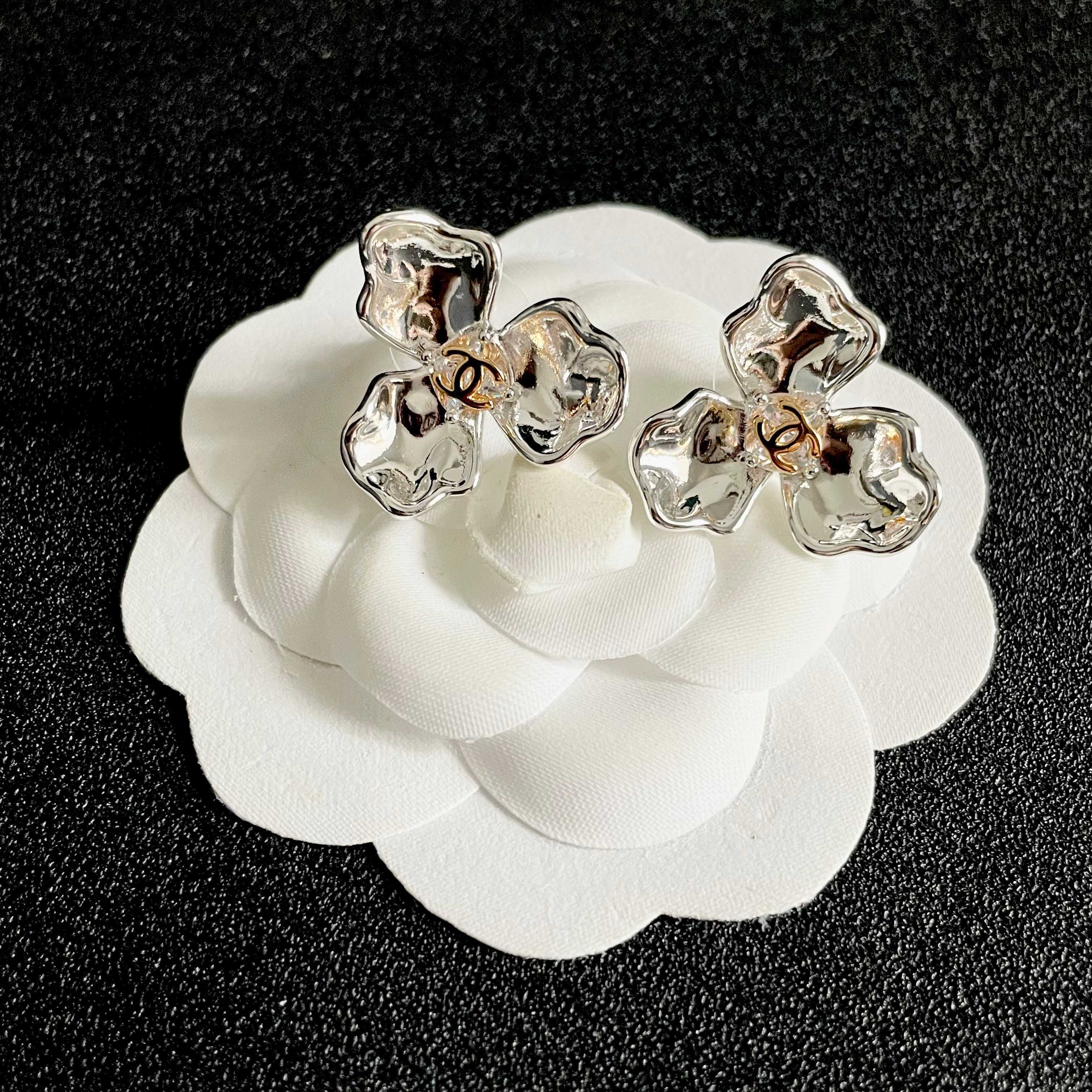 Chanel Silver Flower Earrings