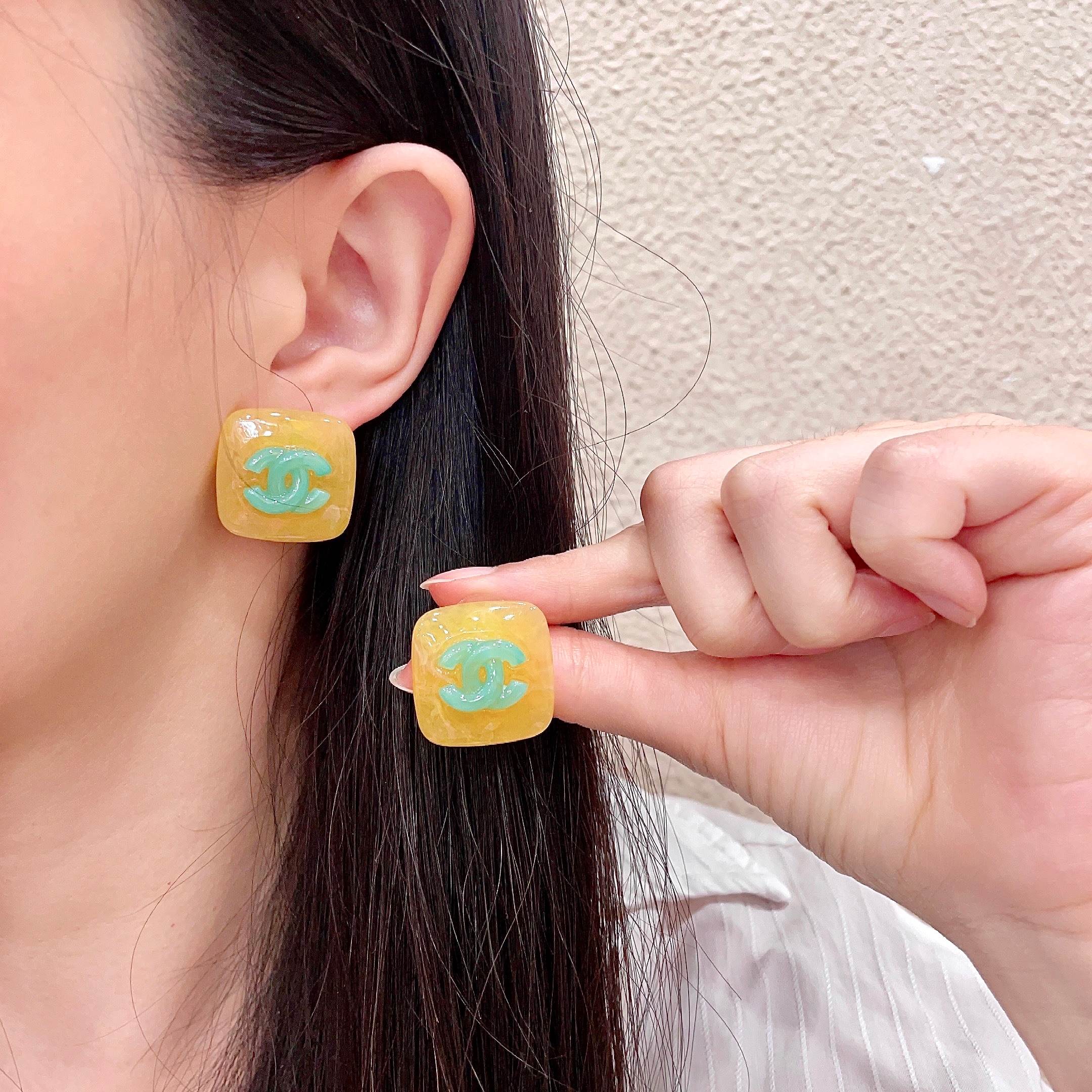 Chanel Yellow and Green Logo Stud Earrings Chanel Yellow and Green Logo Stud Earrings