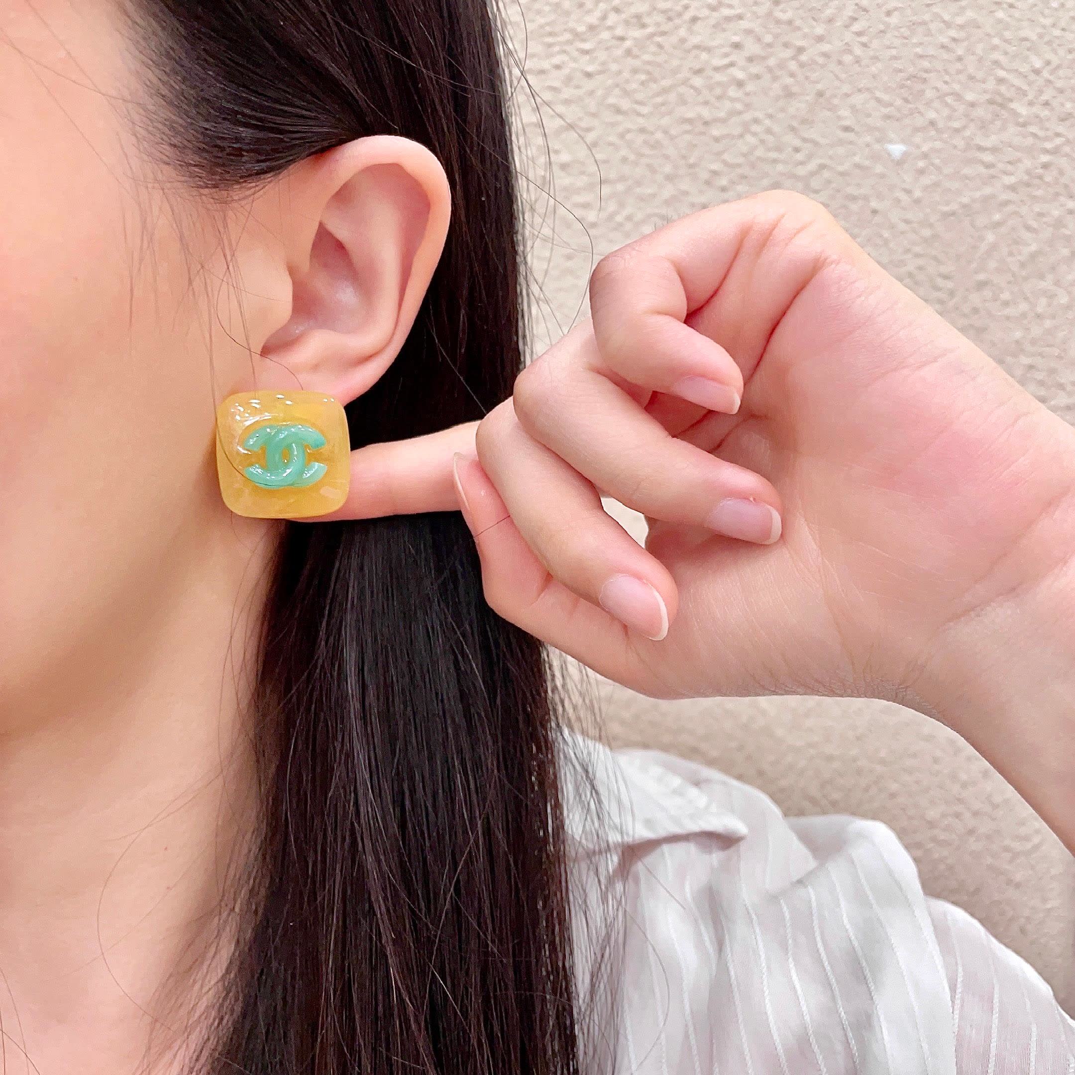 Chanel Yellow and Green Logo Stud Earrings