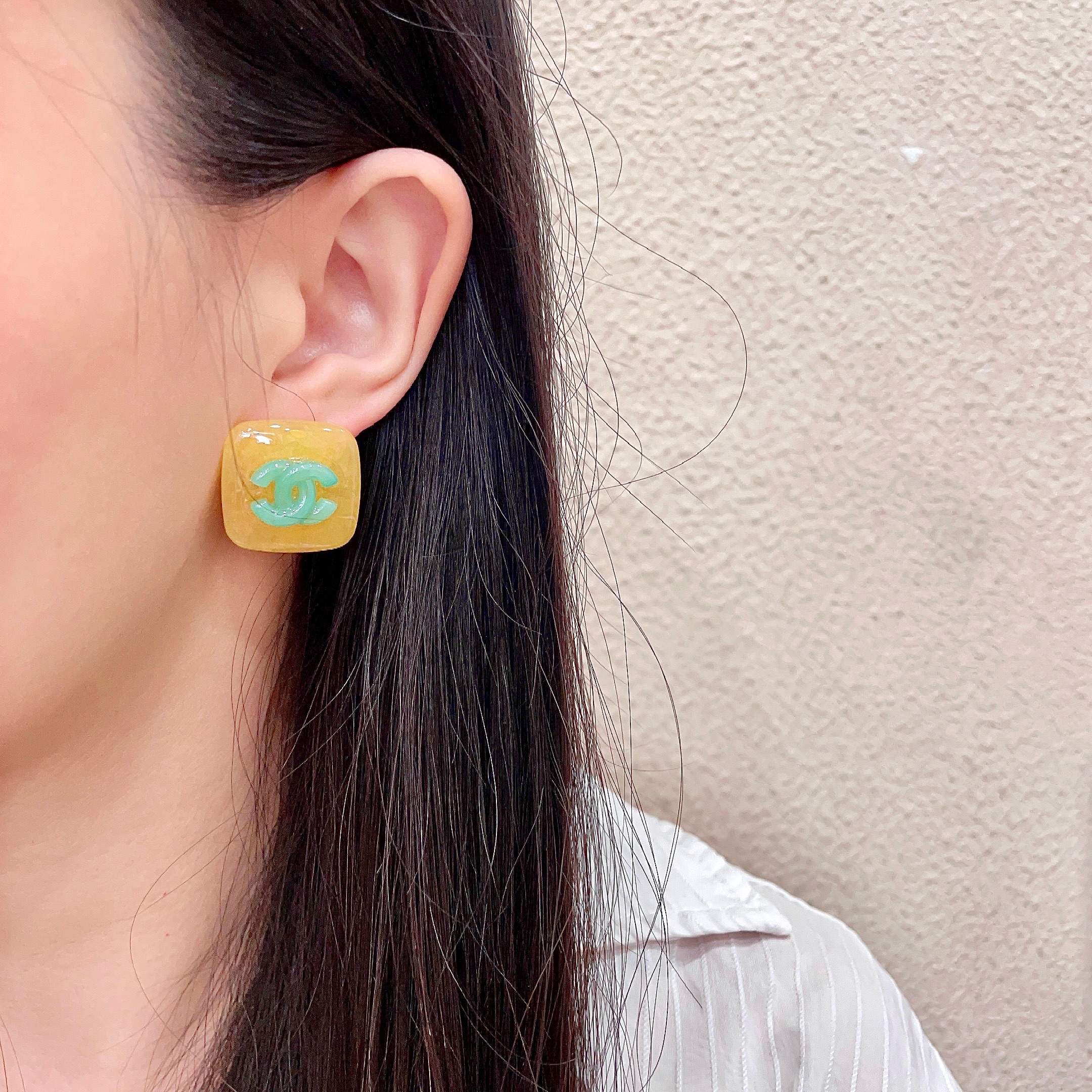 Chanel Yellow and Green Logo Stud Earrings